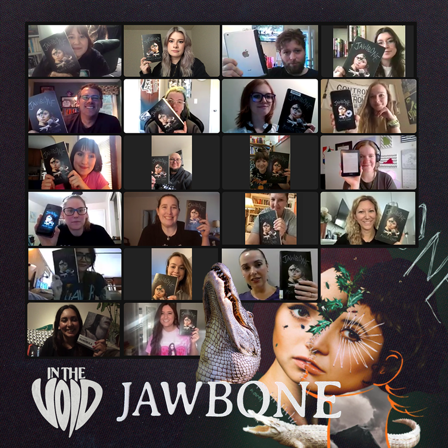 Screenshot of a virtual book meeting with multiple people holding a book titled "Jawbone." 