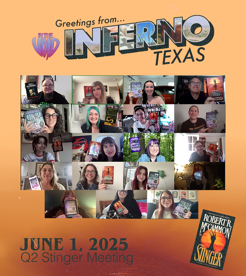 Group of people holding copies of the book "Stinger" in a digital meeting with a themed graphic background that reads "Greetings from... INFERNO TEXAS." The event is dated June 1, 2025, for the Q2 Stinger Meeting.