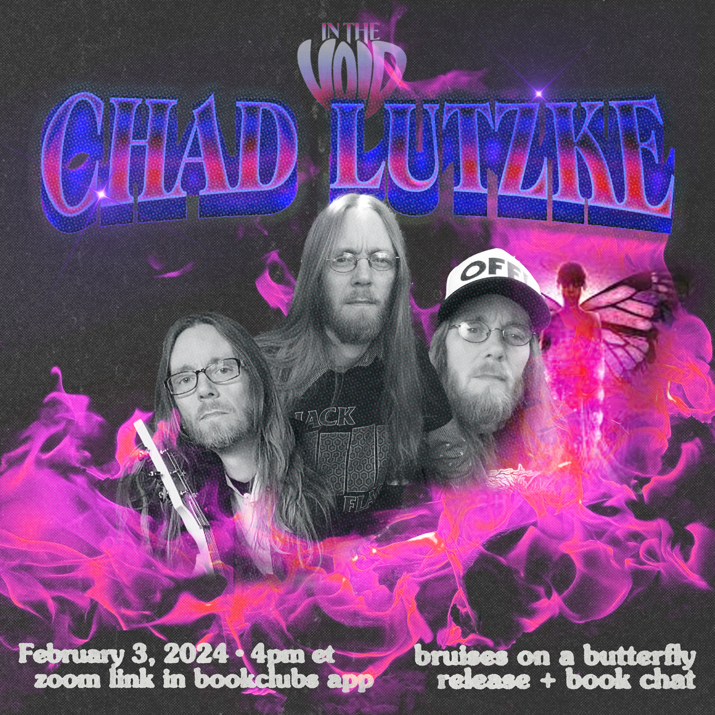 Promotional poster features the band Chad Lutzke with three members, a black background with purple smoke and pink highlights, large stylized text reading 'Chad Lutzke' and 'In the Void', event details about a book release and chat on February 3, 202