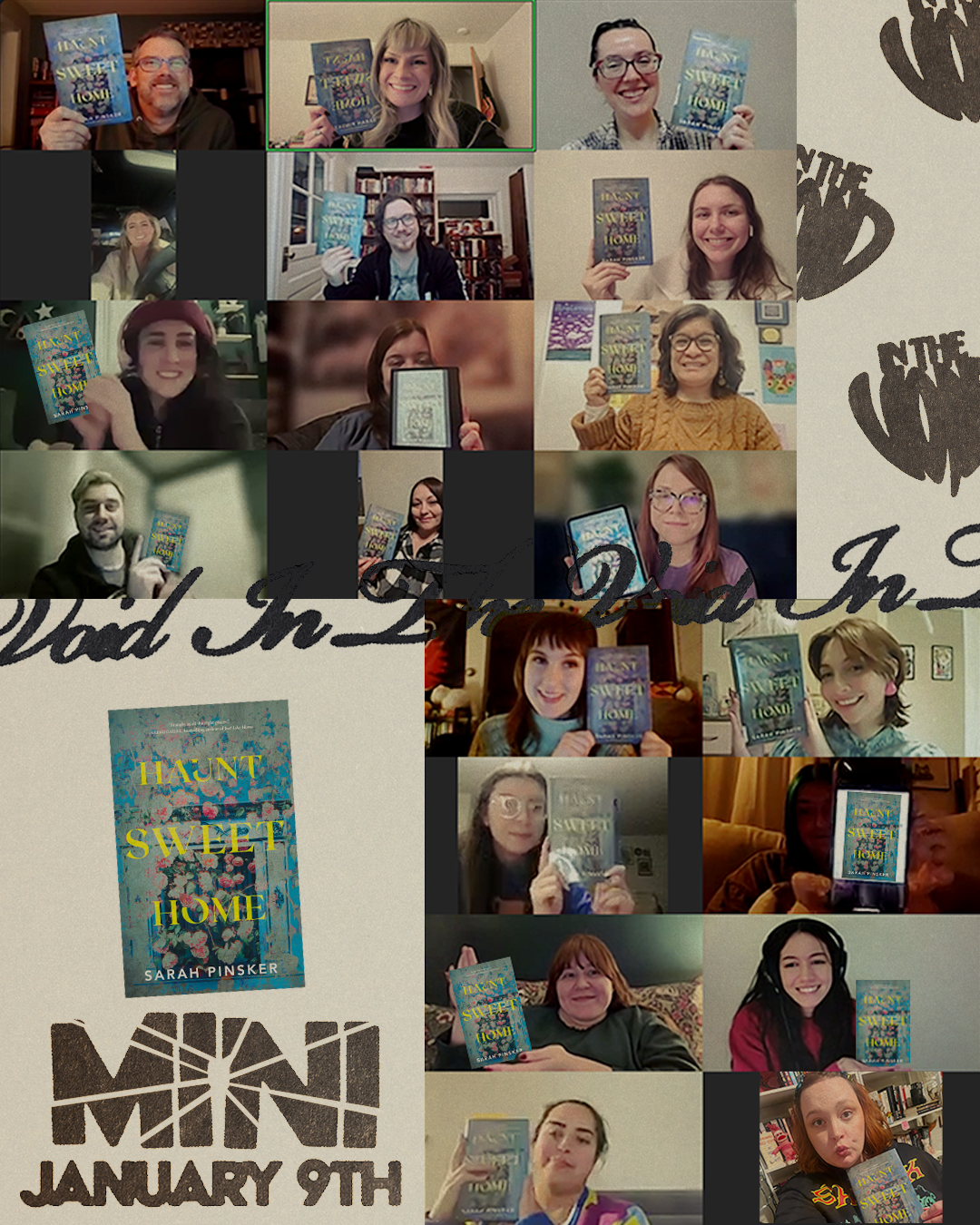 A collage of people holding a book titled "Haunt Sweet Home" by Sarah Pinsker, celebrating a reading event on January 9th. The collage includes various individuals in different settings, smiling and displaying the book.