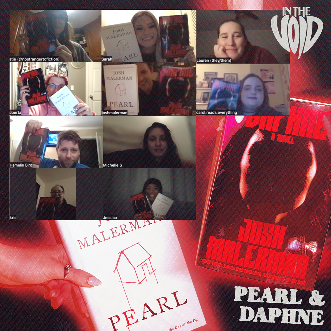 A virtual book club meeting with nine participants, each holding copies of the book "Pearl" by Josh Malerman. The background features the book's cover and a close-up of the book's title page.