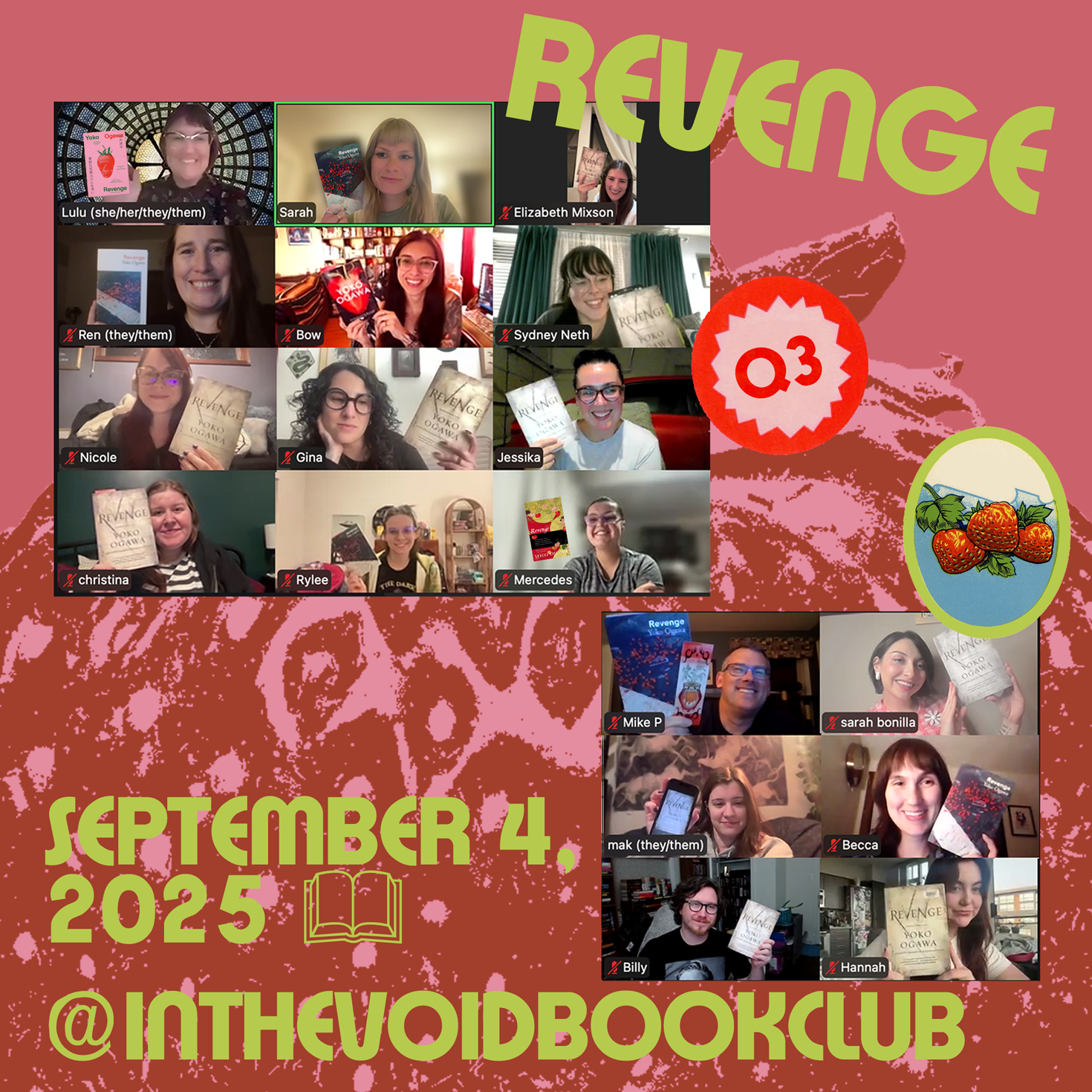 A collage of a virtual book club meeting with a pink and red patterned background. There are multiple screenshots of people holding books, mainly 'Revenge' by Yoko Ogawa. The collage includes text indicating the date, September 4, 2025, and the Insta