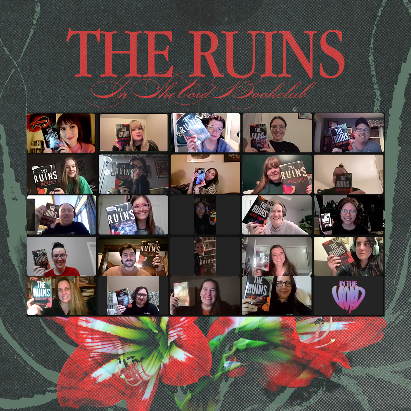A virtual book club meeting with 20 people on a video call, all holding copies of the book titled 'The Ruins' by Scott Smith. The screen is framed by a dark background with a red flower at the bottom and text at the top reading 'The Ruins' and 'An Th