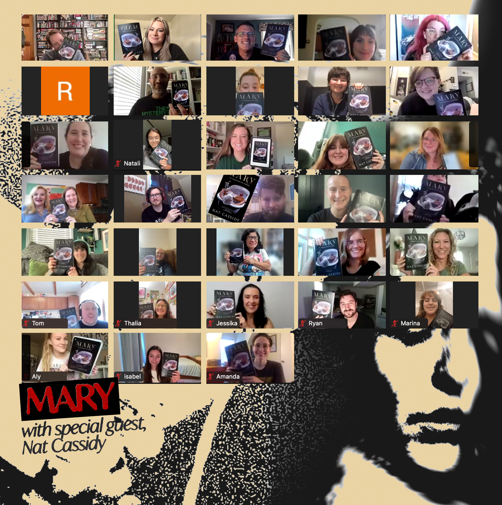Group of people in a virtual meeting holding up a book titled 'Mary' by Nat Cassidy.