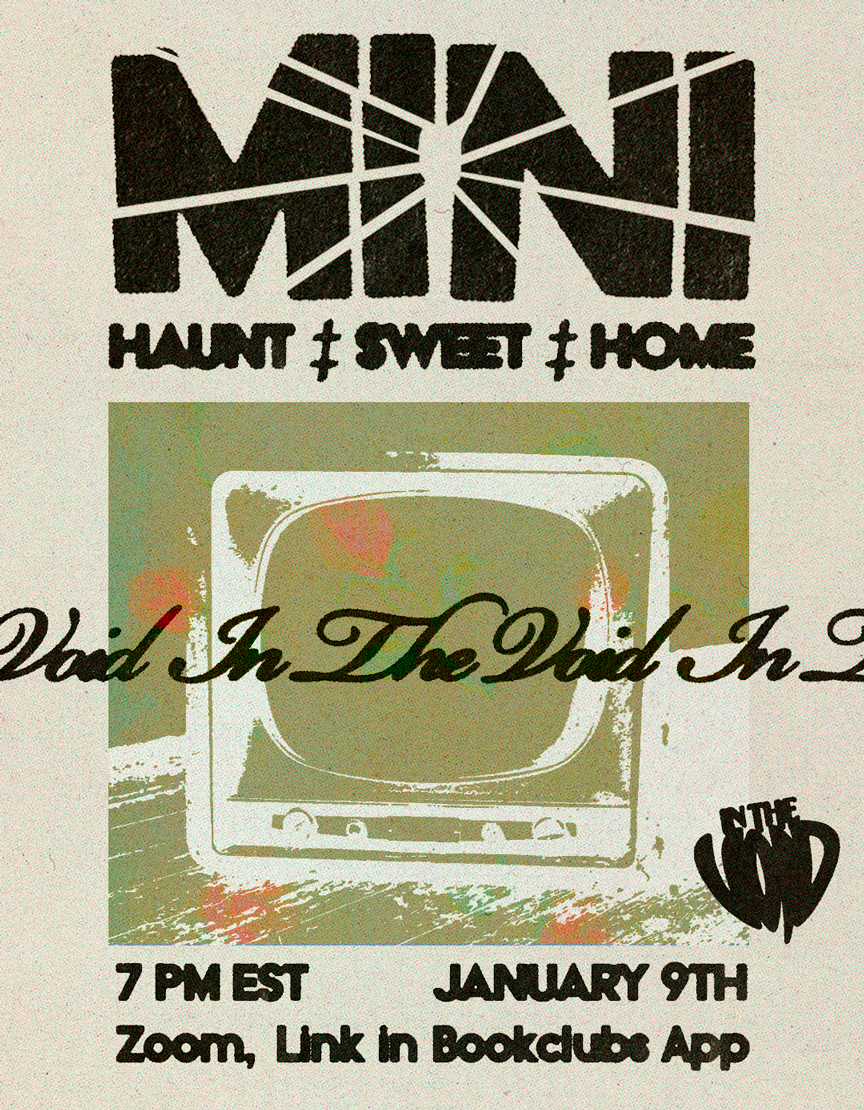 A digital poster advertisement for an event titled 'Wild In The Wild In The,' scheduled for 7 PM EST on January 9th, available on Zoom with a link in the Bookclubs App. The poster features a stylized, broken TV screen with the phrase 'Maui' at the to