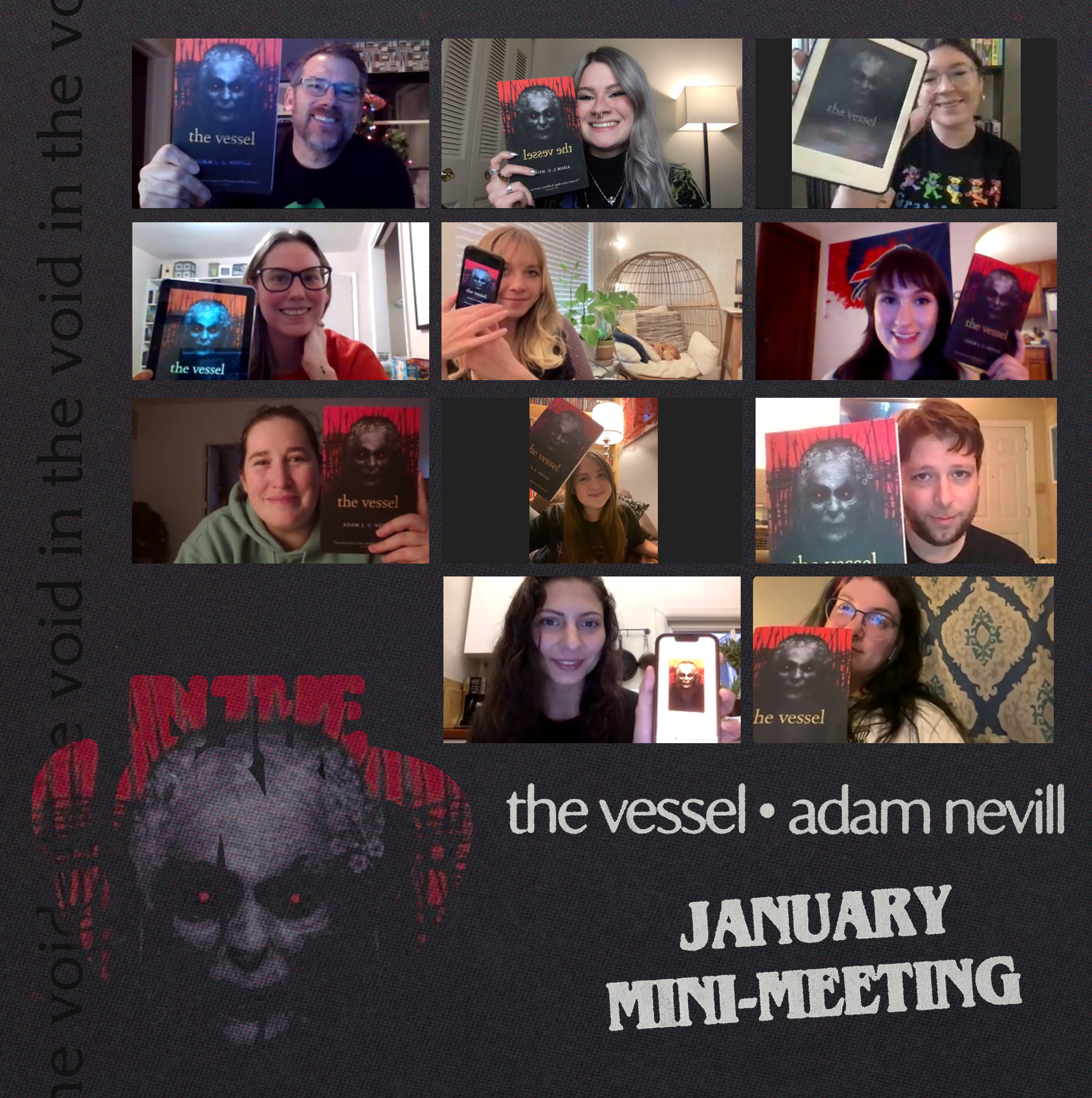 Screenshot of a virtual book club meeting with eleven participants, each holding a copy of the book 'The Vessel' by Adam Nevill, with the book cover featuring a dark face and red background. The bottom left corner displays the book cover and title, a