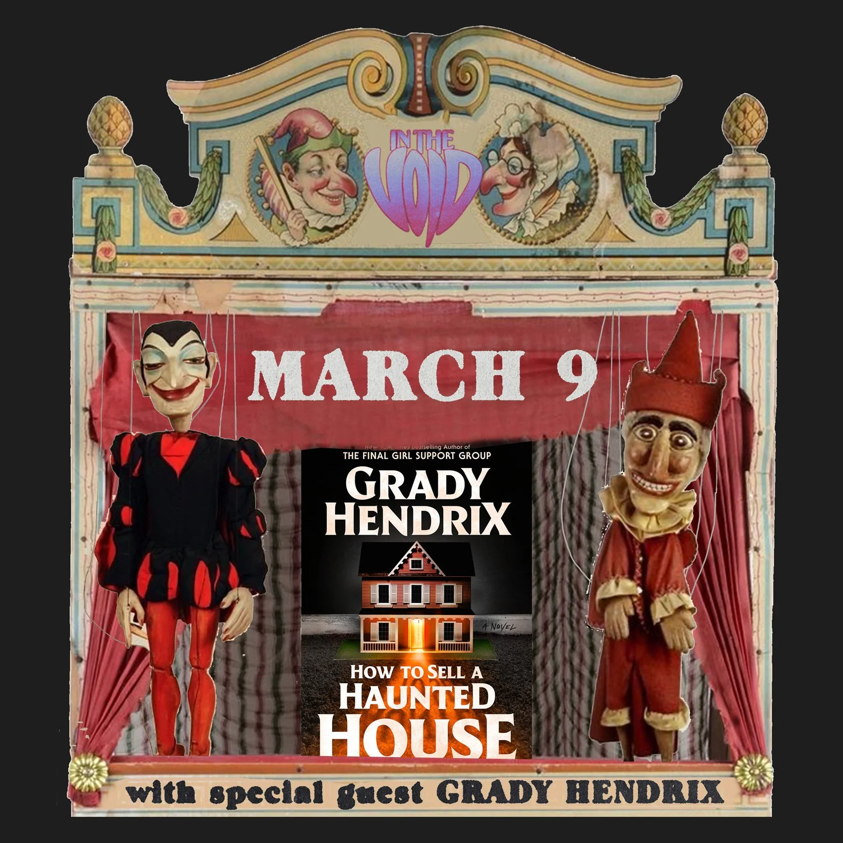 A theatrical puppet show set featuring two marionettes, one dressed as a jester and the other as a clown, with a backdrop of a red curtain and a promotional poster for Grady Hendrix's book "How to Sell a Haunted House." The set has a vintage style wi