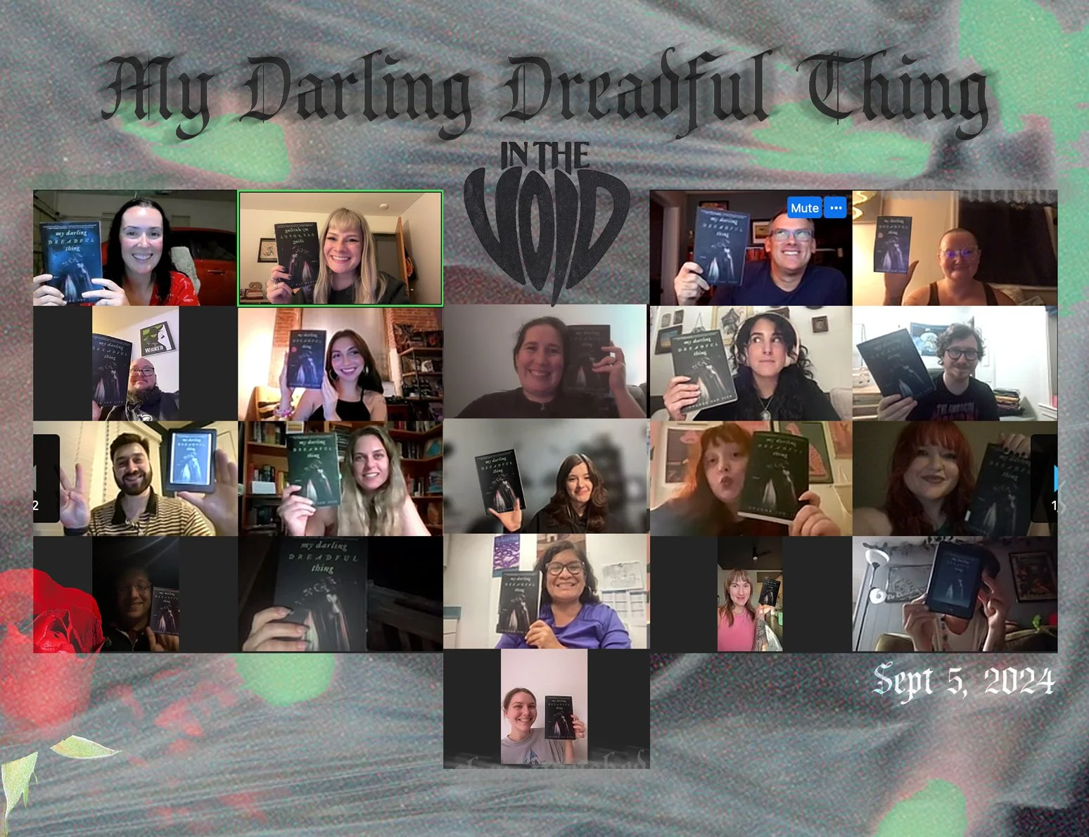 A virtual meeting of 20 people celebrating a book release titled 'My Darling Dreadful Thing' on September 5, 2024. Each person holds a copy of the book and smiles for the camera. The background features a graphic with the book title and release date.