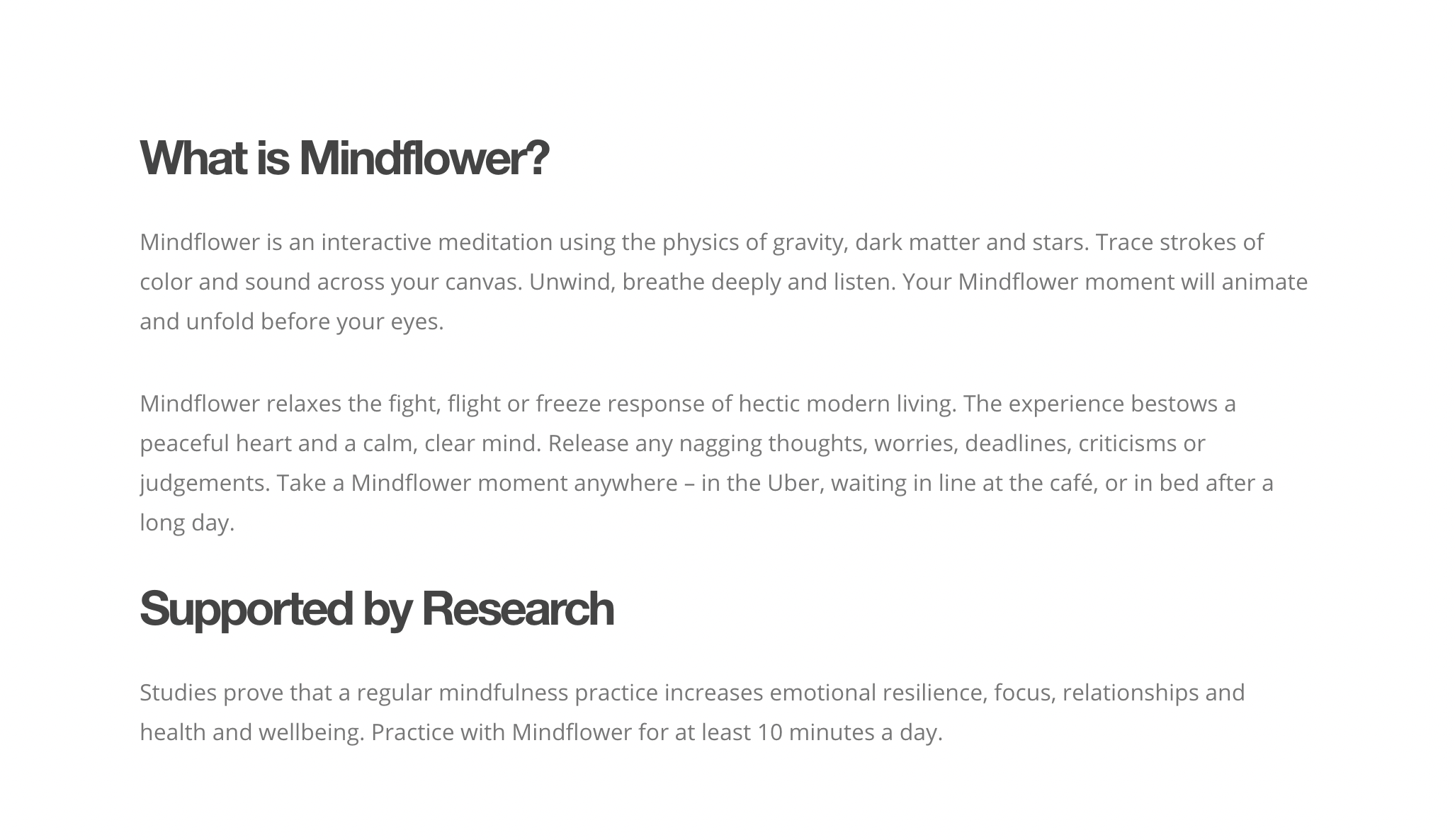 Text describing Mindflower, an interactive meditation using gravity, dark matter, and stars to relax and clear the mind, supported by research for enhancing emotional resilience and well-being.