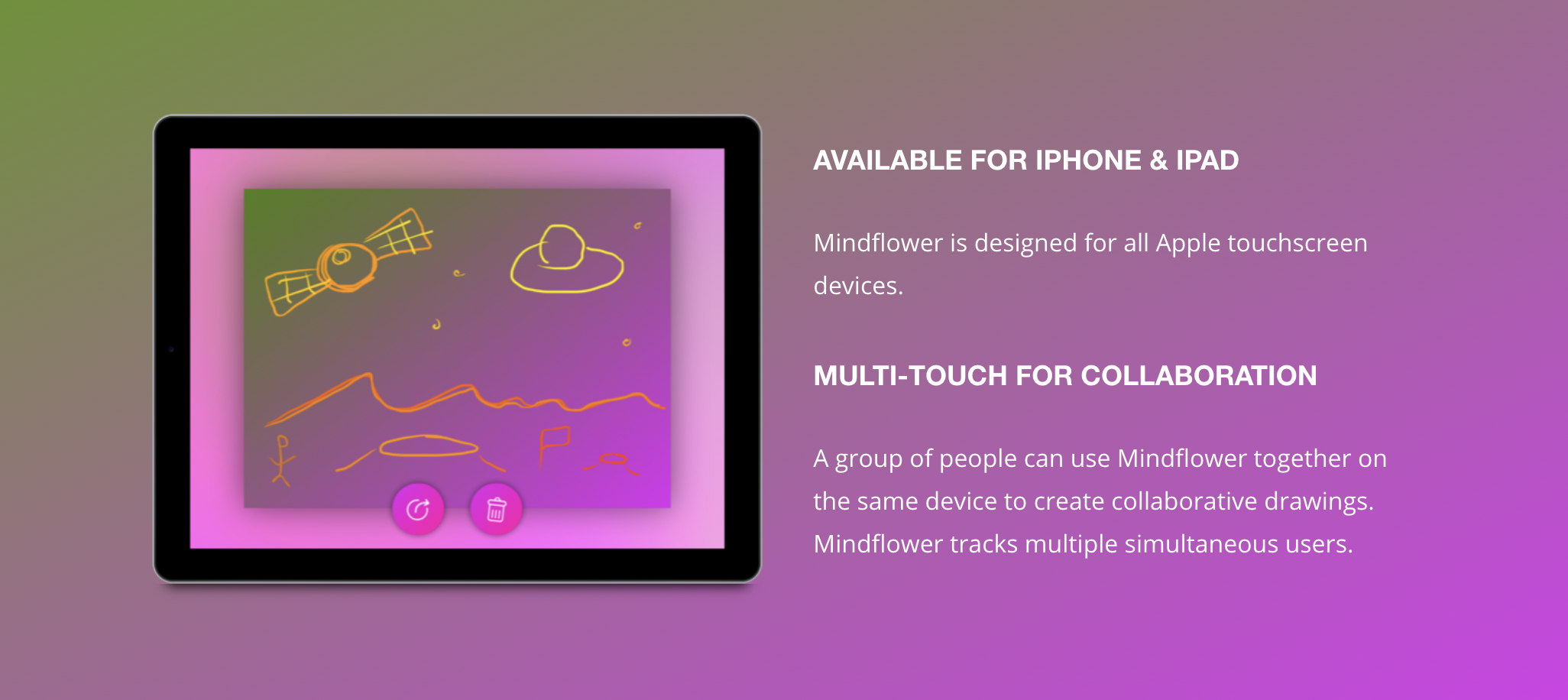 Illustration of a tablet with a colorful screen displaying abstract drawings. Text promotes Mindflower app available for iPhone & iPad, highlighting multi-touch collaboration features. Background has a gradient from green to pink.