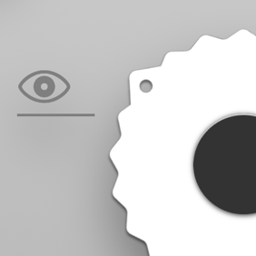 Illustration of a simplified eye icon and a gear on a neutral background.