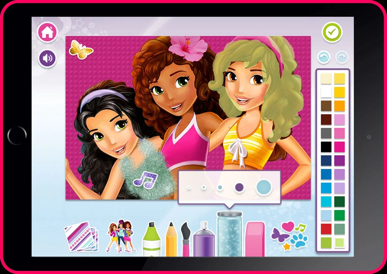 Illustrated image of three girls with colorful hair on a digital art tablet interface, featuring drawing tools and color palette on the side.