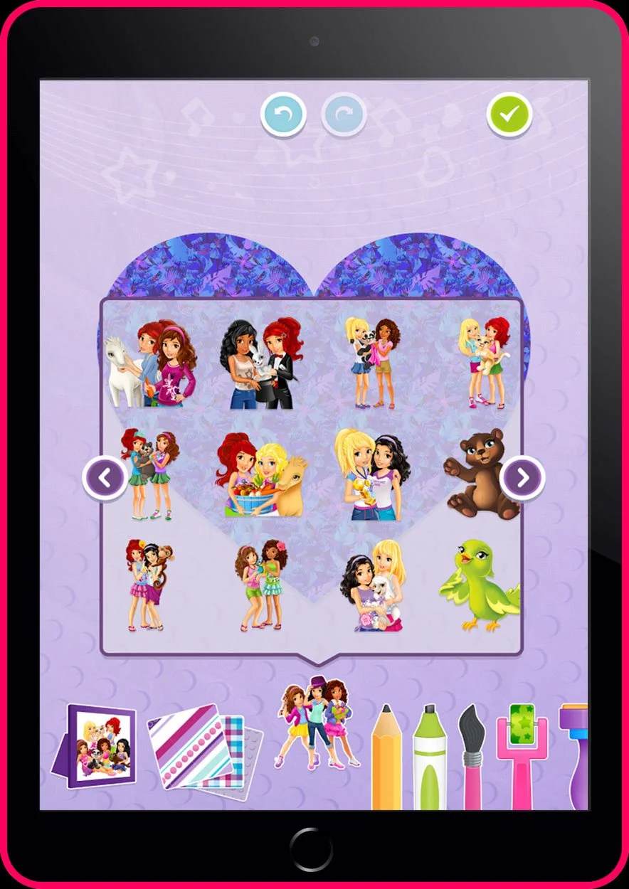 Cartoon characters and animals on tablet screen, art tools at bottom