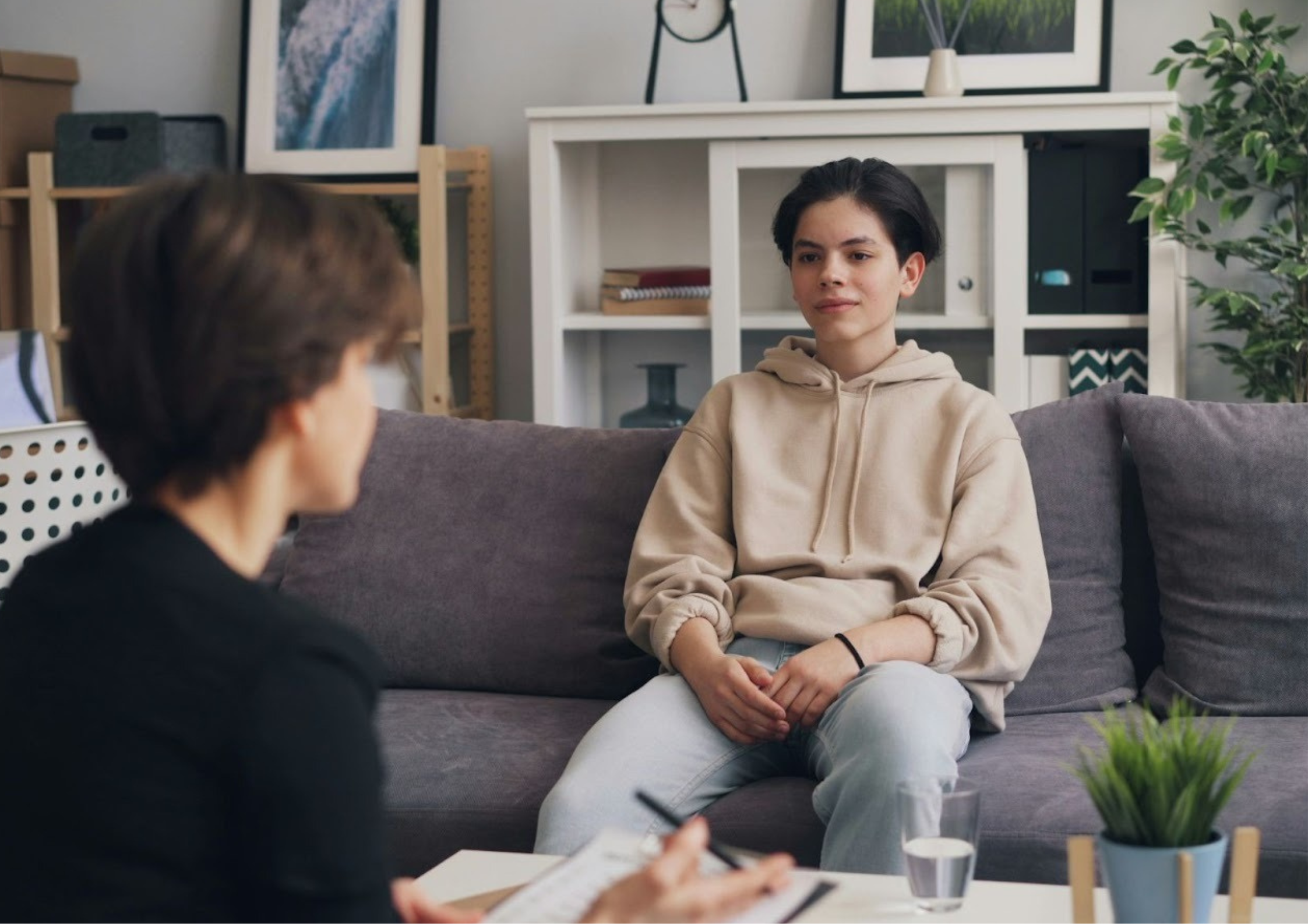 A teenager sitting on a couch, calmly listening to a mental health professional who is taking notes, representing counseling or supportive intervention at home.