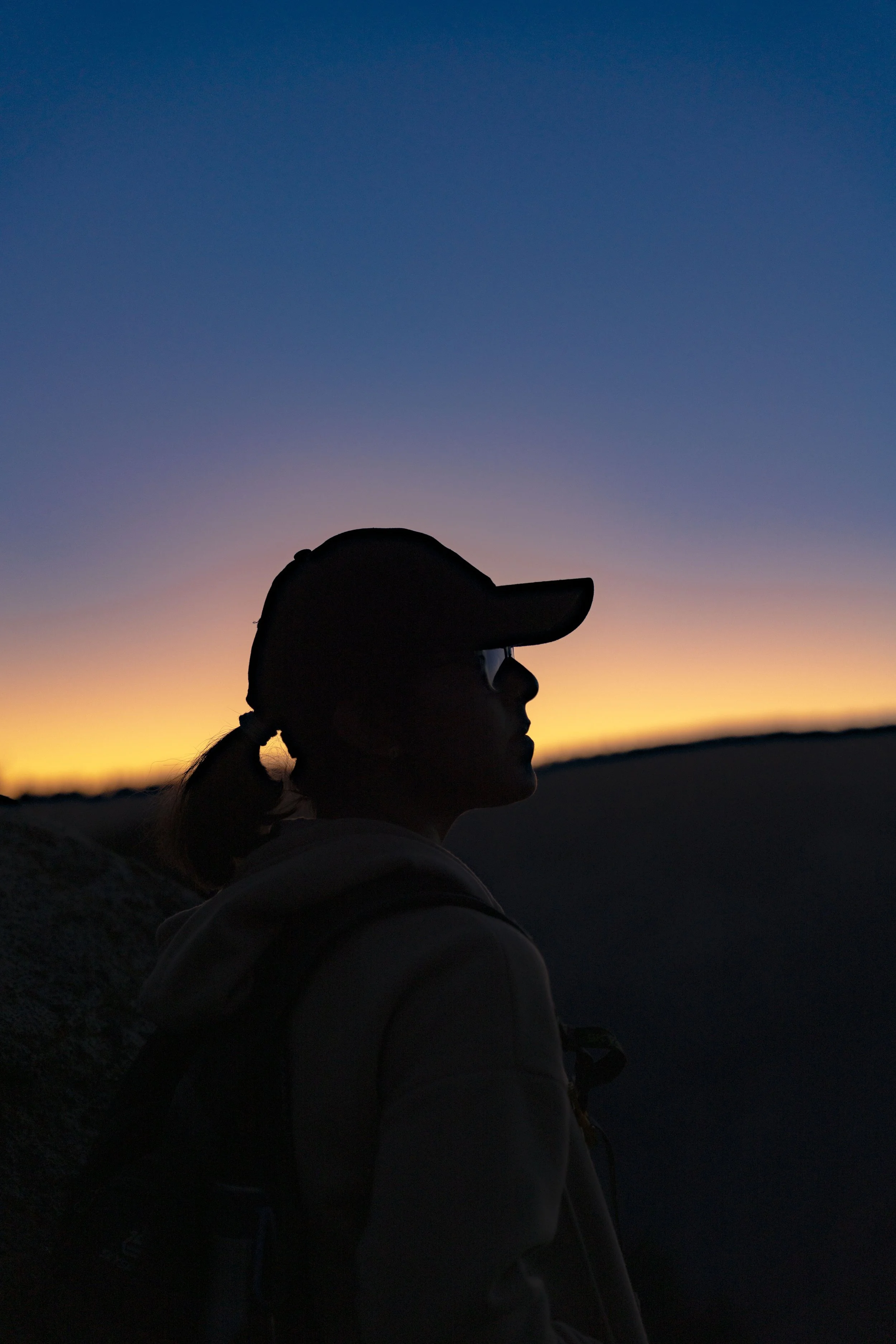 Silhouette of a person wearing a baseball cap, glasses, and a hoodie, standing outdoors at dusk with a colorful sunset sky in the background.