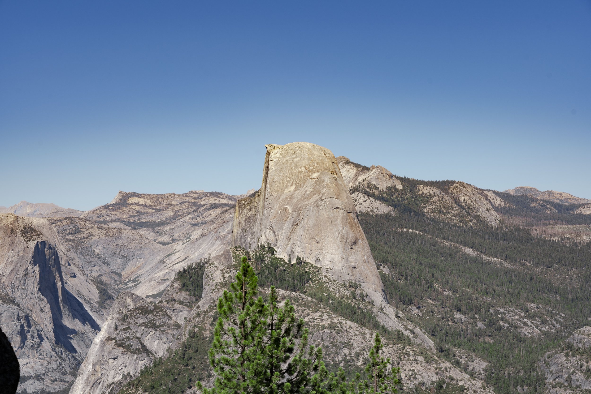 View of a mountainous landscape with the prominent Half Dome rock formation in Yosemite National Park, surrounded by forested areas, under a clear blue sky.