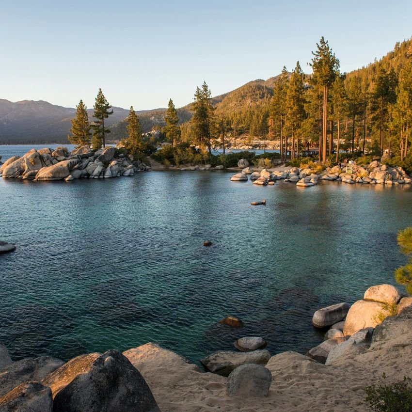 Tranquil Sunset at Sand Harbor Beach, Lake Tahoe with Granite Rocks and Pines.jpg