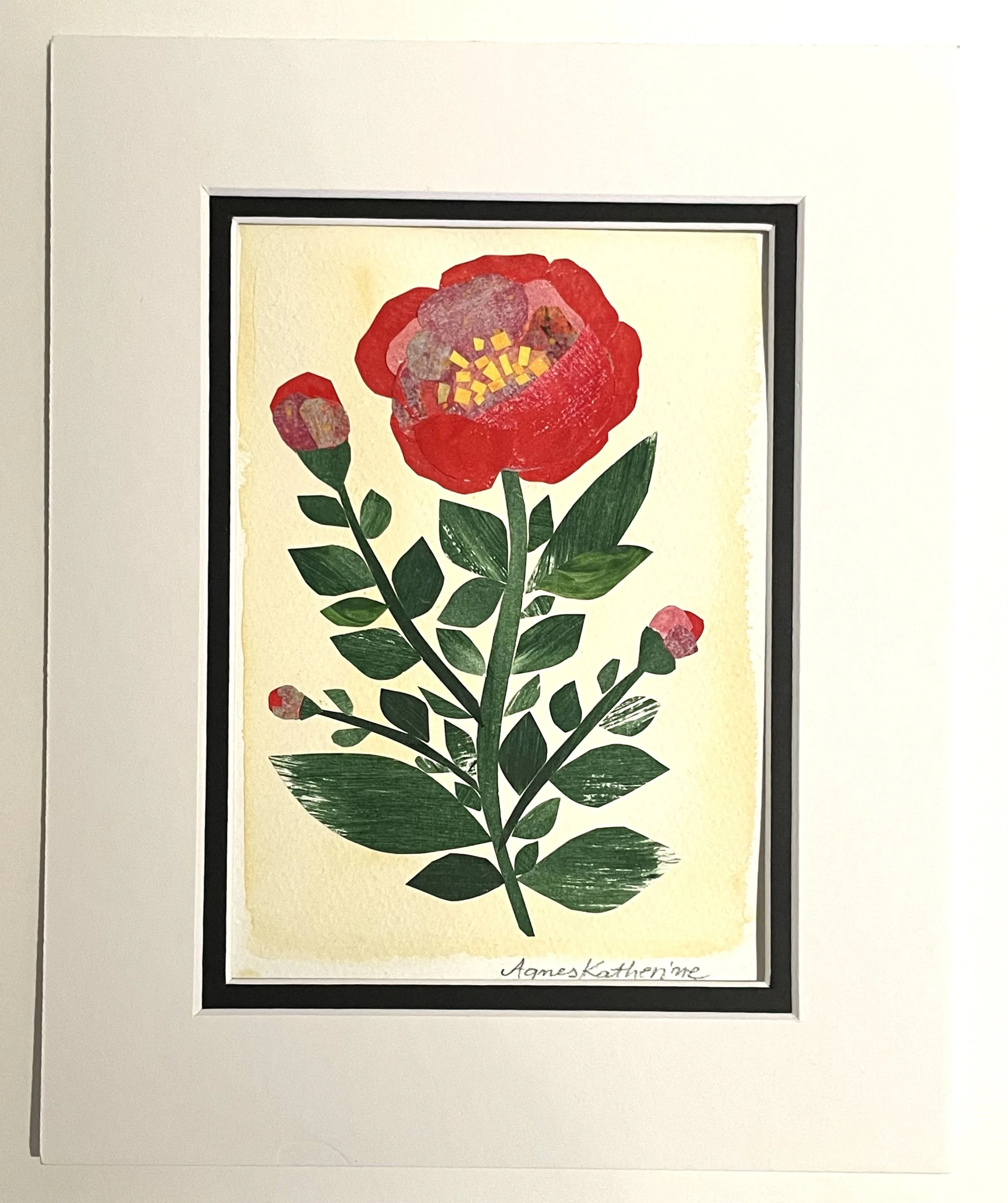 Camellia  matted original floral collage red camellia gold stamens green leaves by Agnes Katherine Art Canada