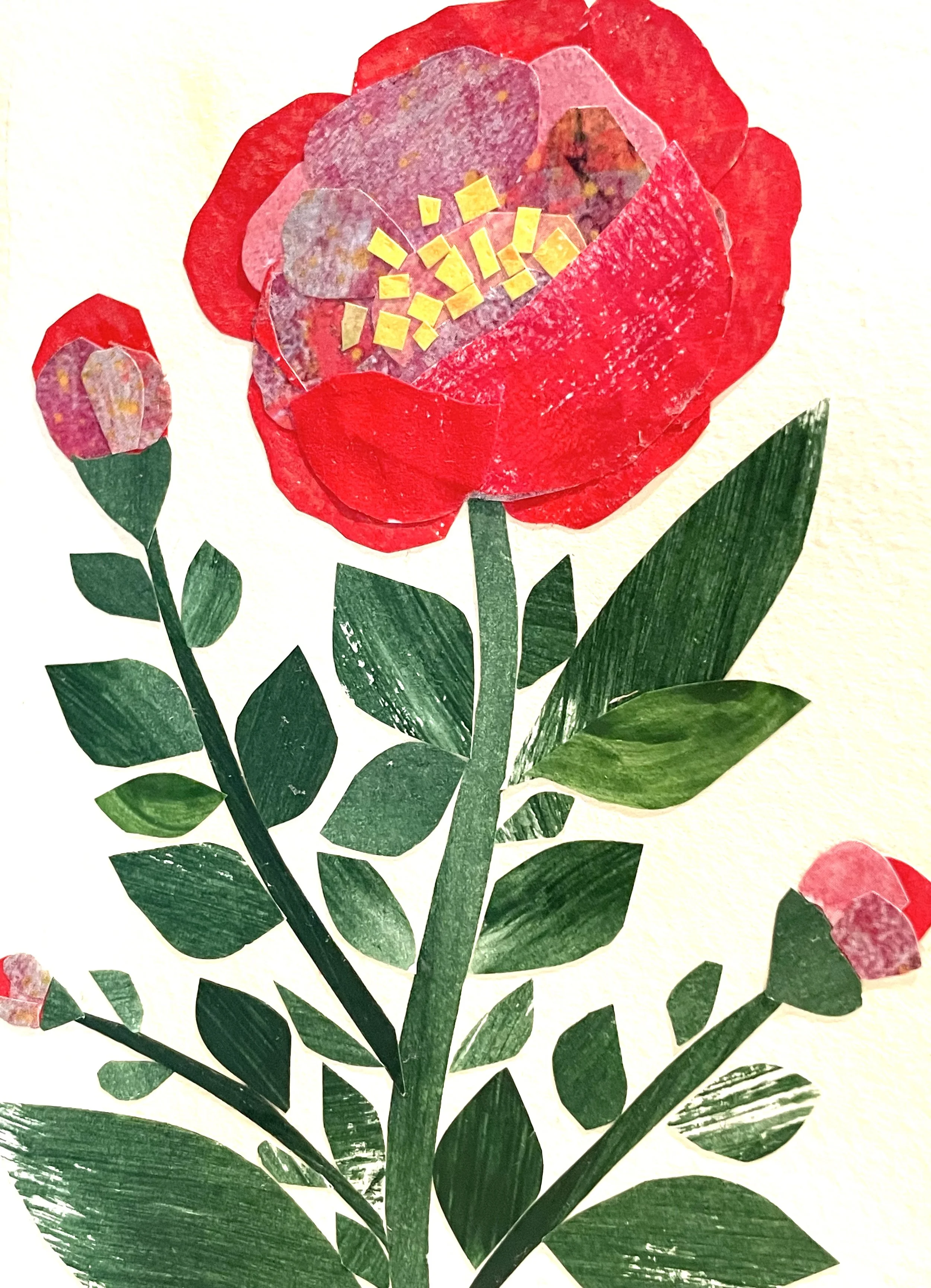 Camellia Garden original floral collage 5x7 leaning against wall by Agnes Katherine Art Canada