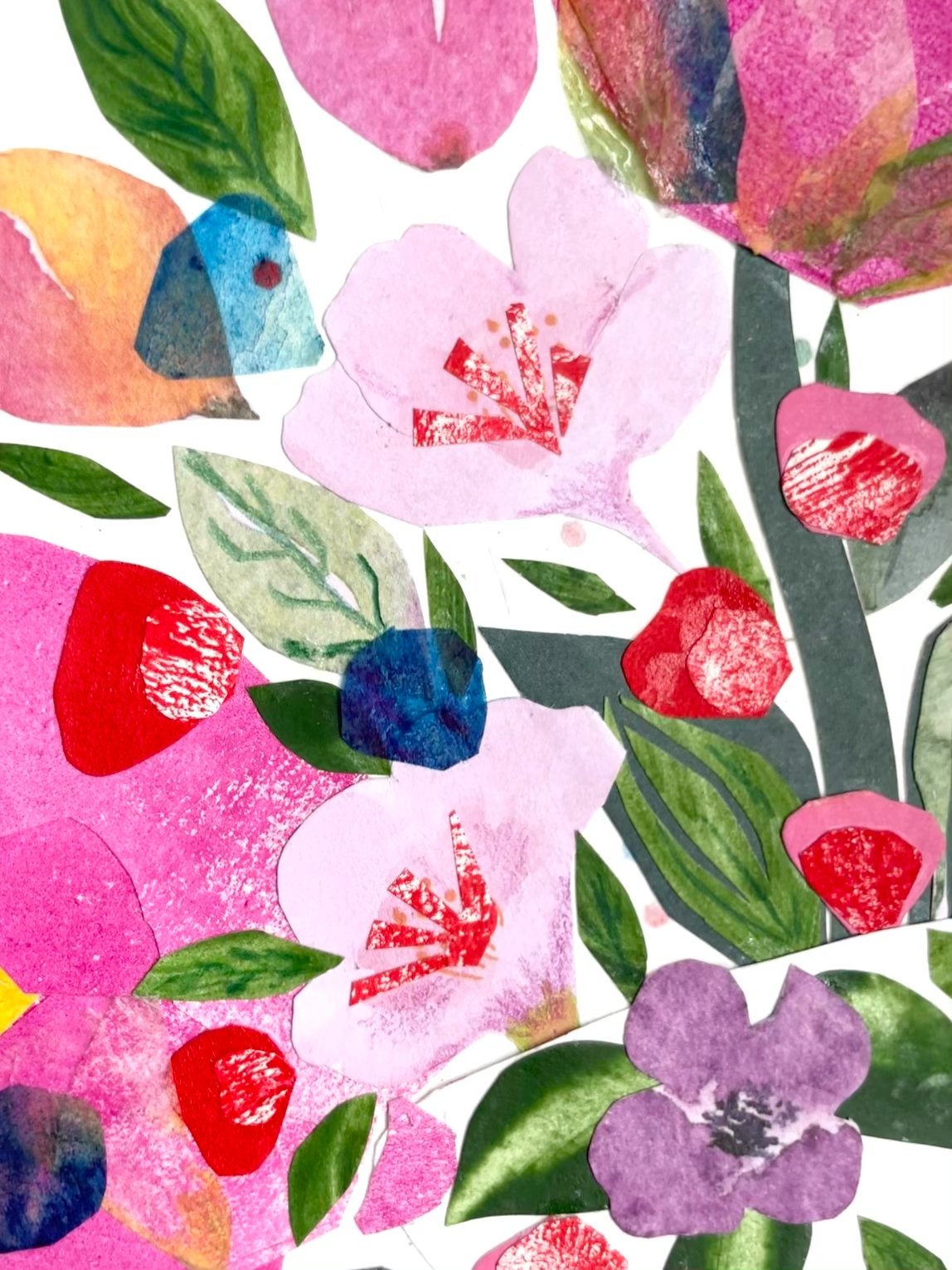 Overflowing Joy hand-cut paper collage detail showing layered petals and tissue paper texture by Agnes Katherine