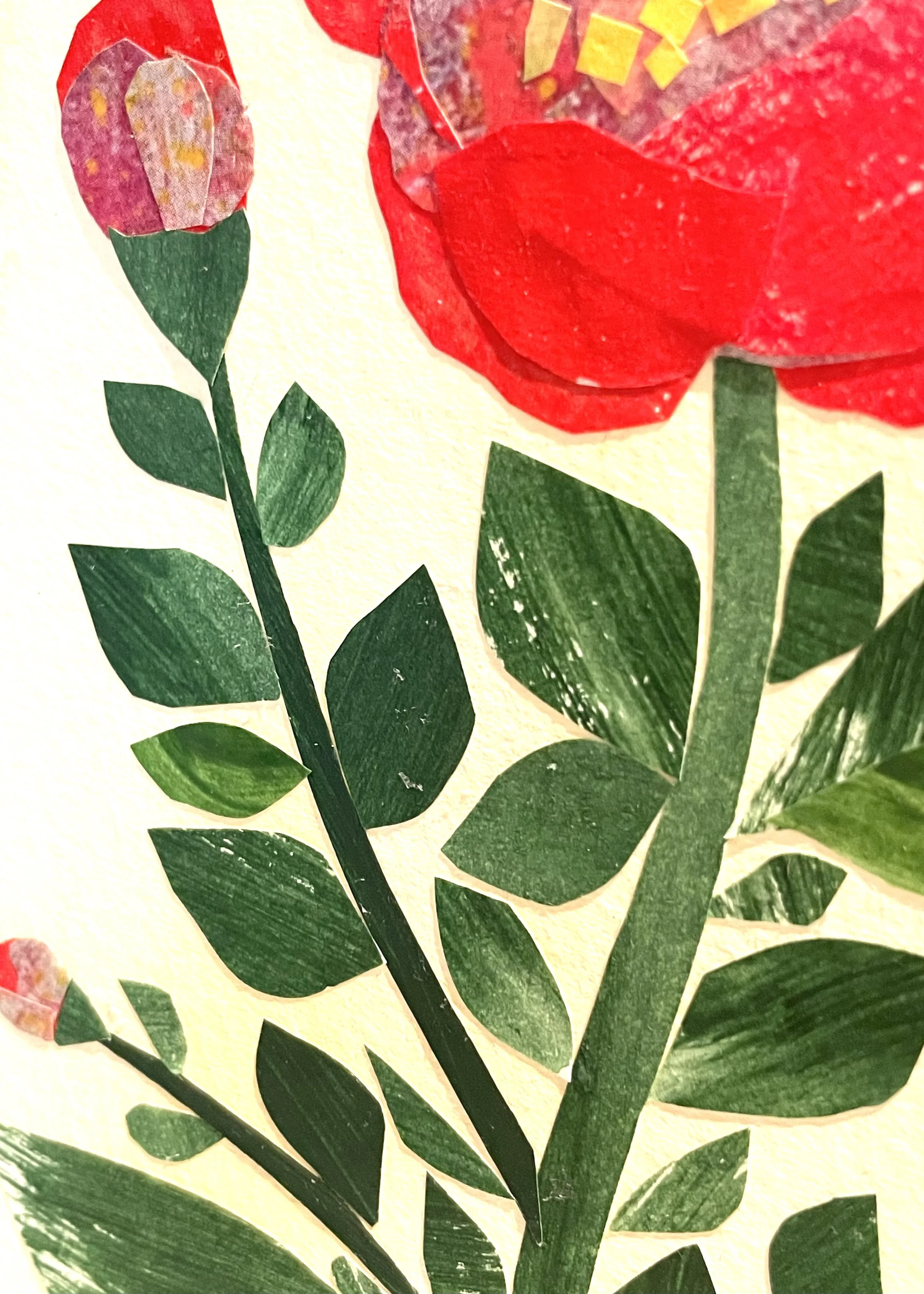 Camellia Garden original collage detail gold stamen centre red camellia by Agnes Katherine Art