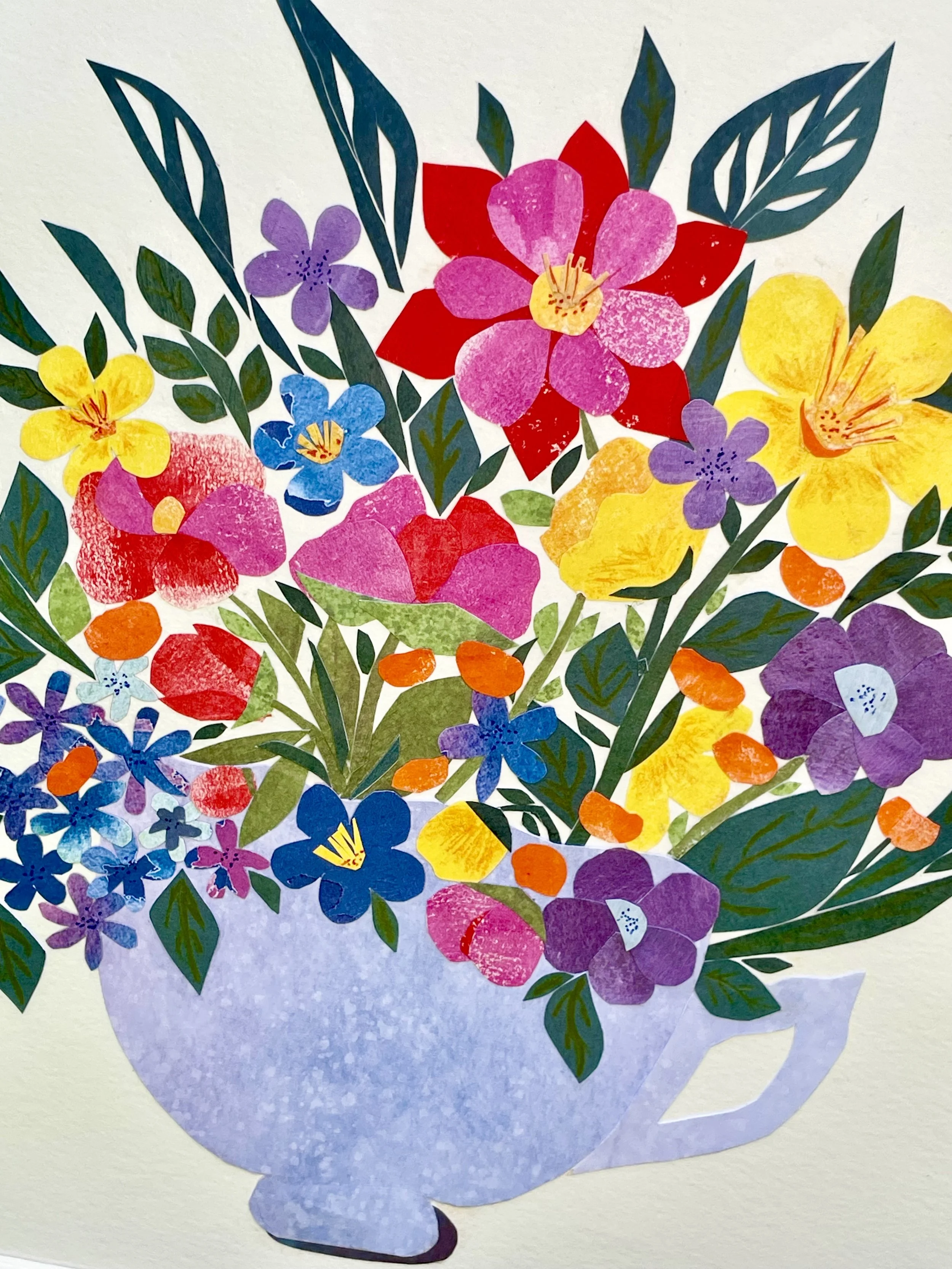 Close up hand-cut handmade paper flowers pink yellow purple collage detail by Agnes Katherine Art