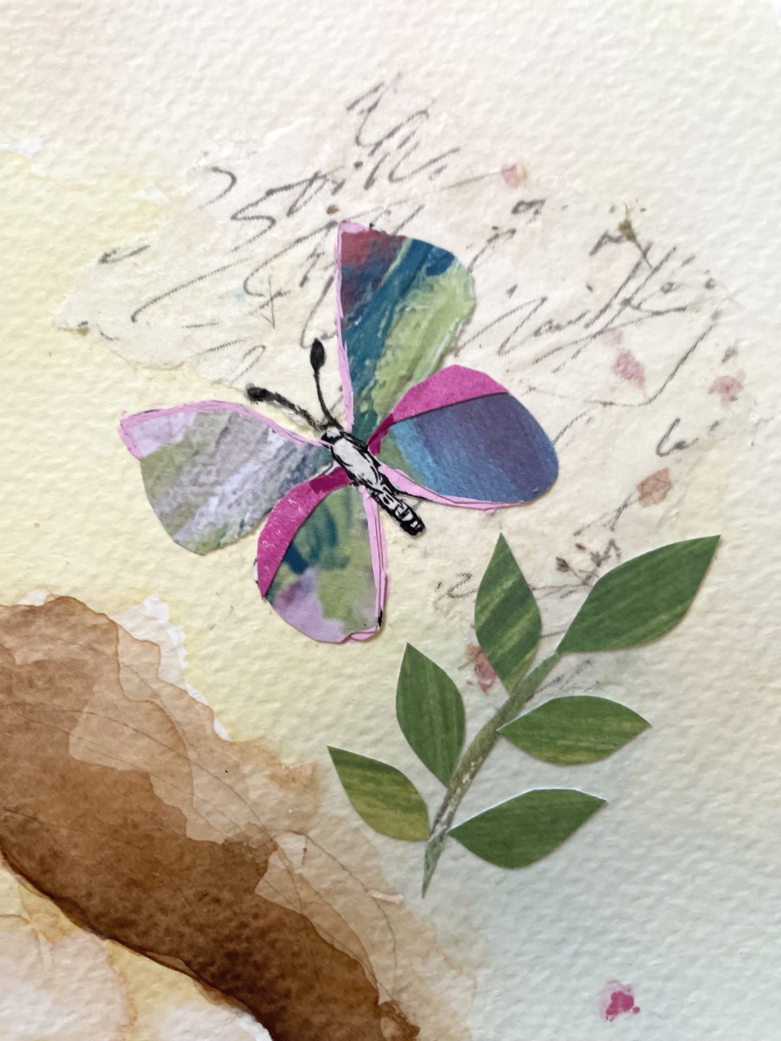 Colourful paper collage butterfly with vintage script details in Scars, an original watercolour and mixed-media artwork.