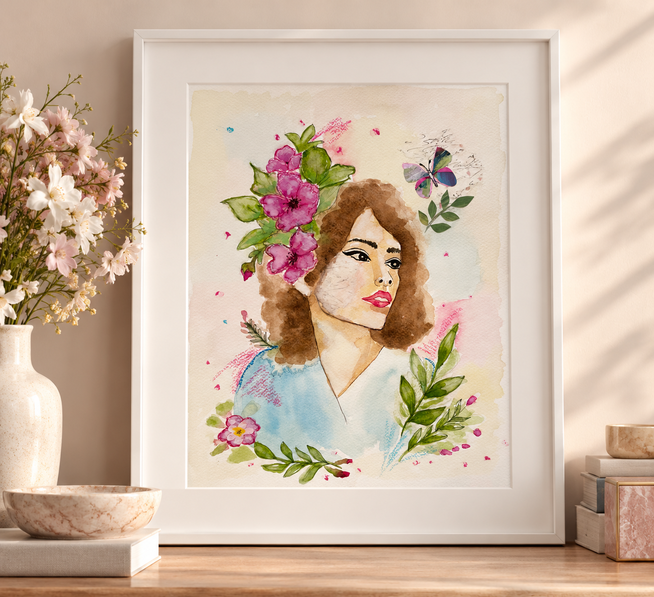 Scars original mixed-media collage portrait displayed in a white frame in a softly styled interior.