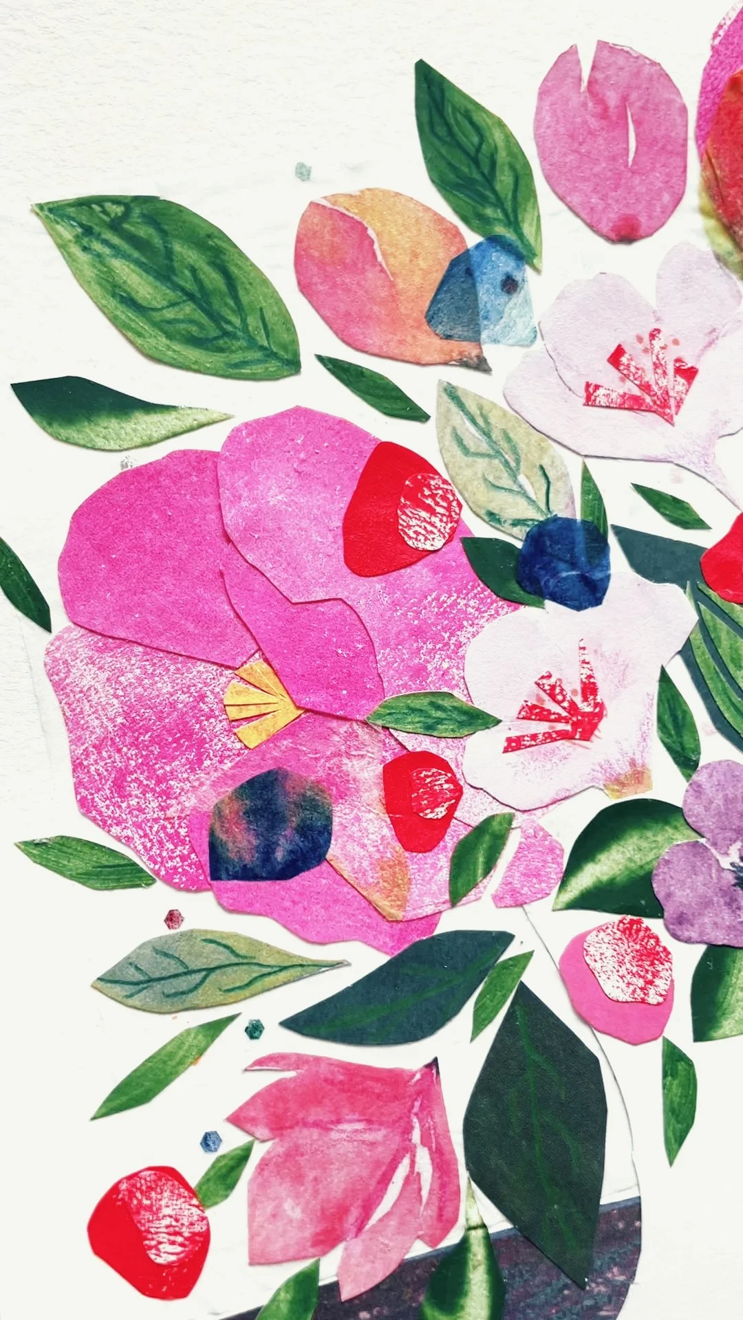 Hand-cut paper collage flower detail mixed media original art by Canadian artist Agnes Katherine