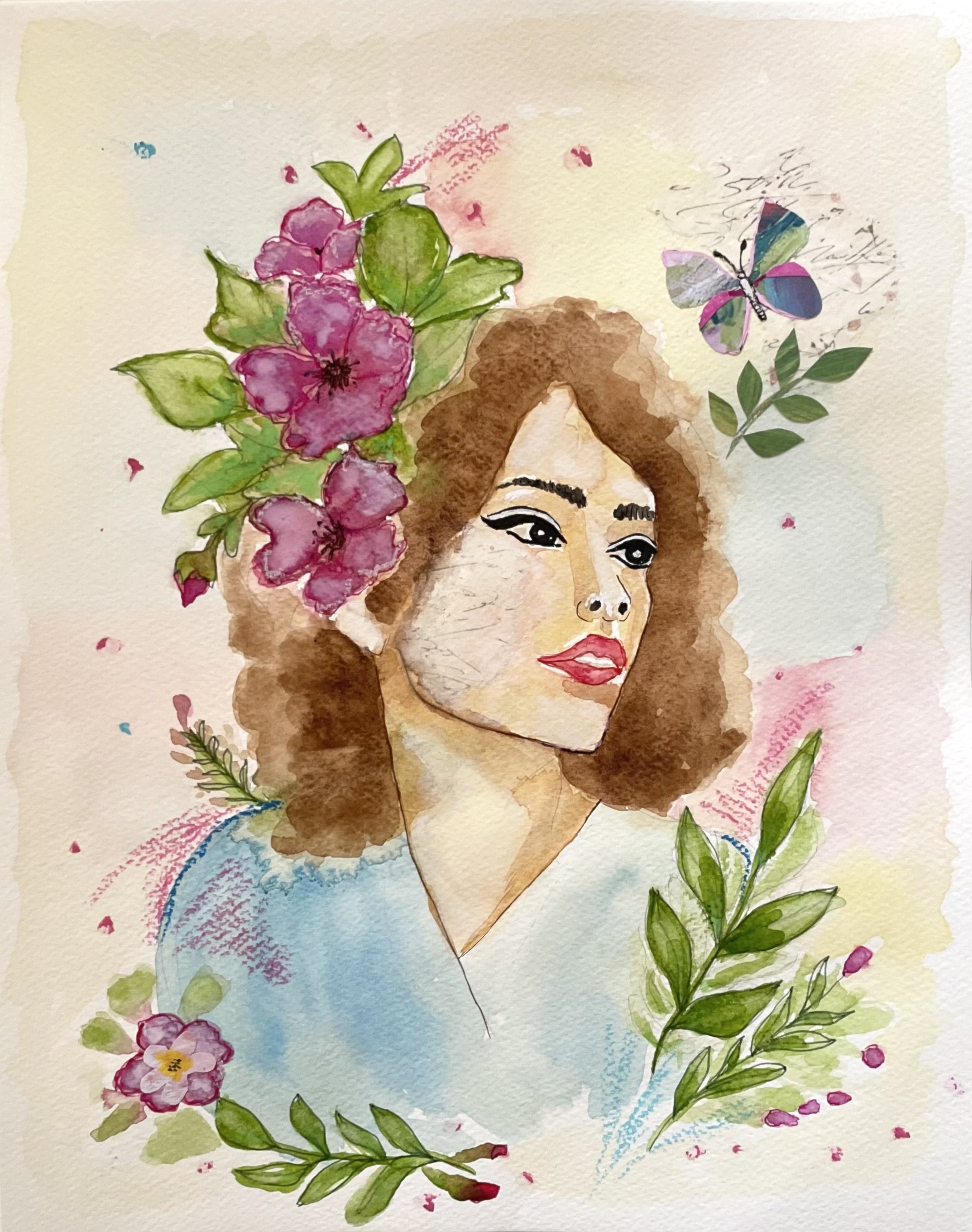 Scars, original watercolour and mixed-media portrait of a woman with pink flowers, a butterfly, and a textured scar on her cheek