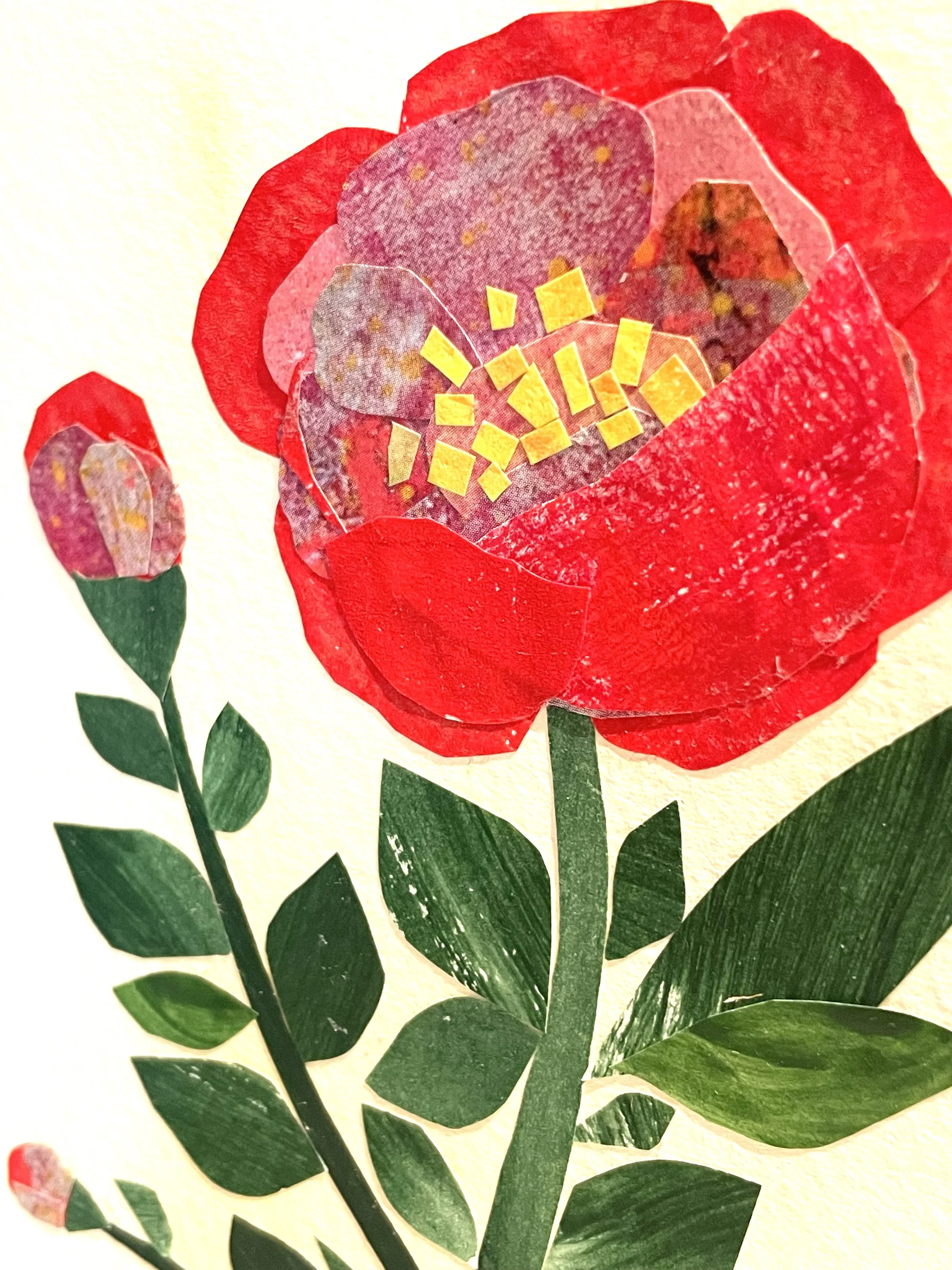 Camellia Garden hand-cut floral collage detail pink red buds by Canadian artist Agnes Katherine