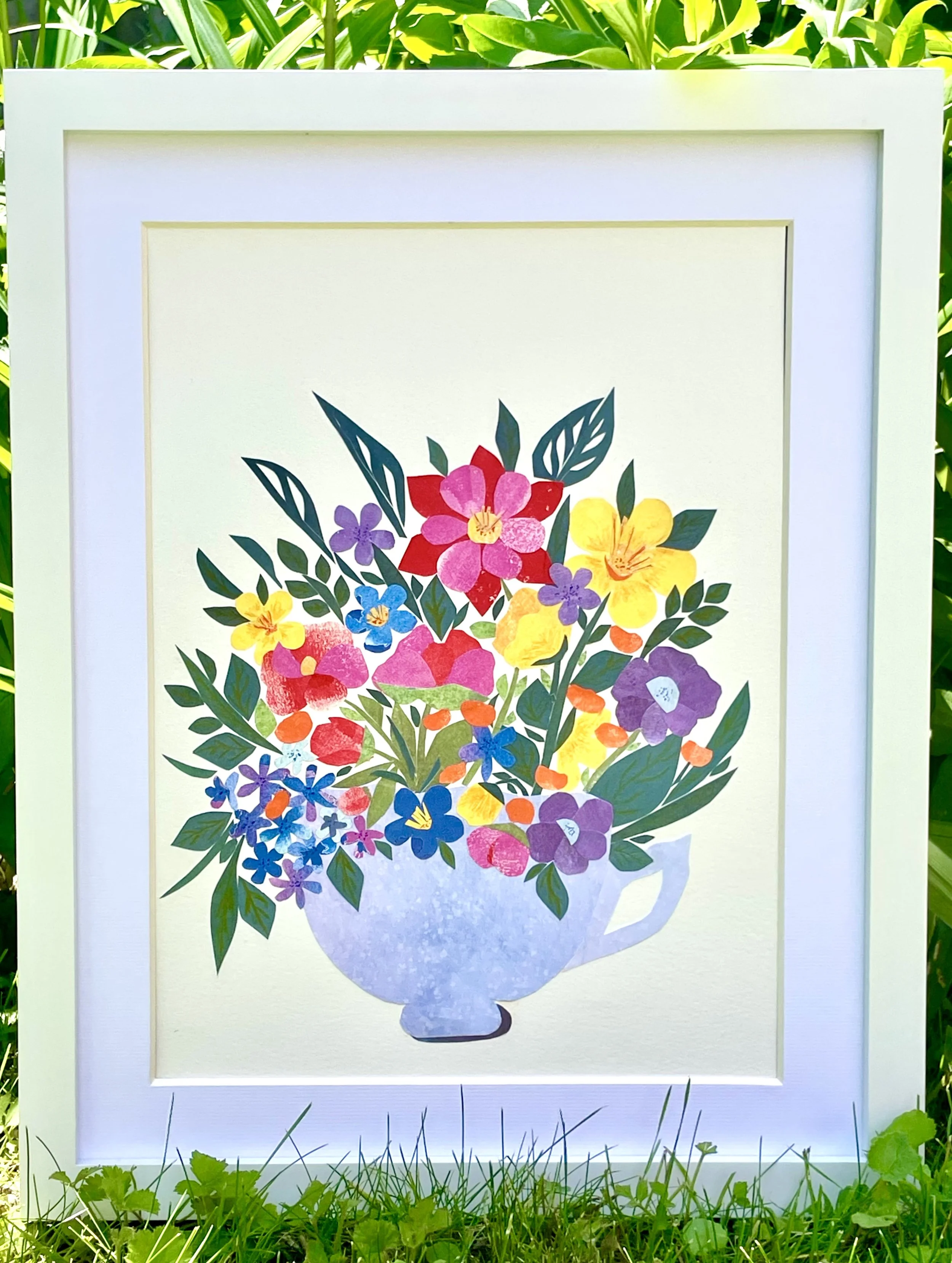 Original hand-cut paper collage floral bouquet in lavender teacup 9x12 Cup of Happiness II by Agnes Katherine