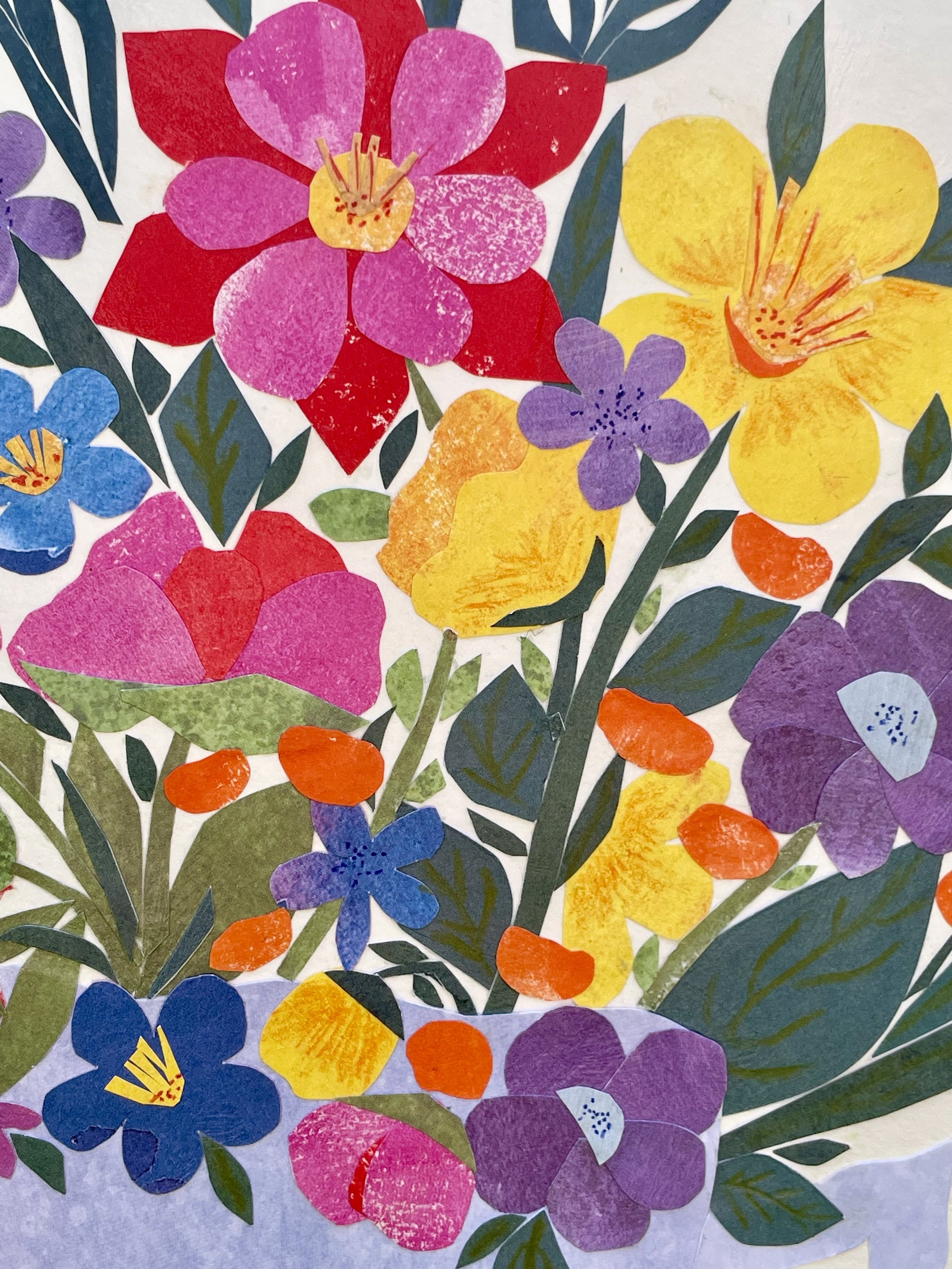 Close up hand-cut handmade paper flowers pink yellow purple blue collage detail showing layered petals and paper texture by Agnes Katherine Art