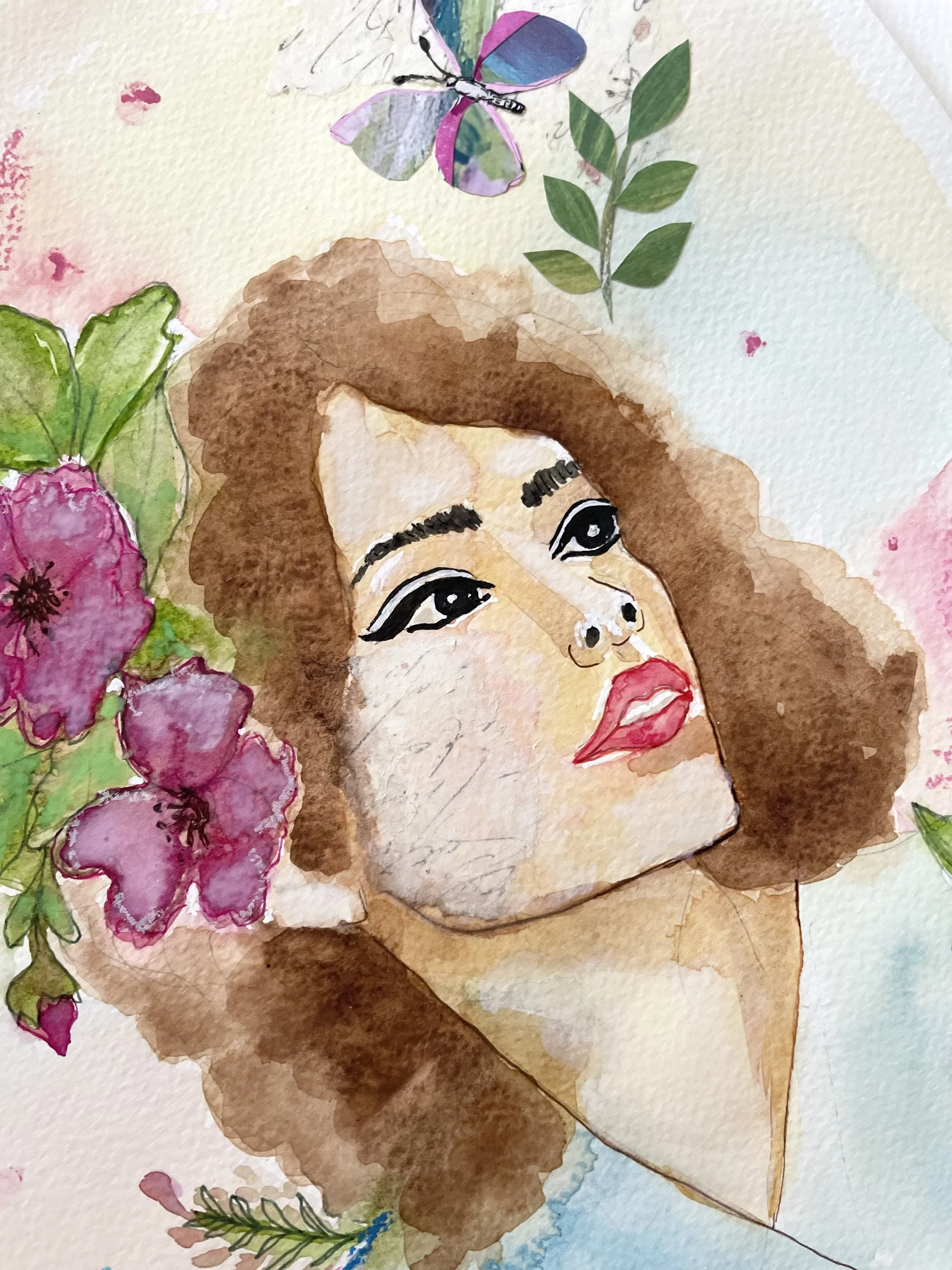 Close-up of a woman's face with a textured collage scar on her cheek in Scars, an original mixed-media portrait.
