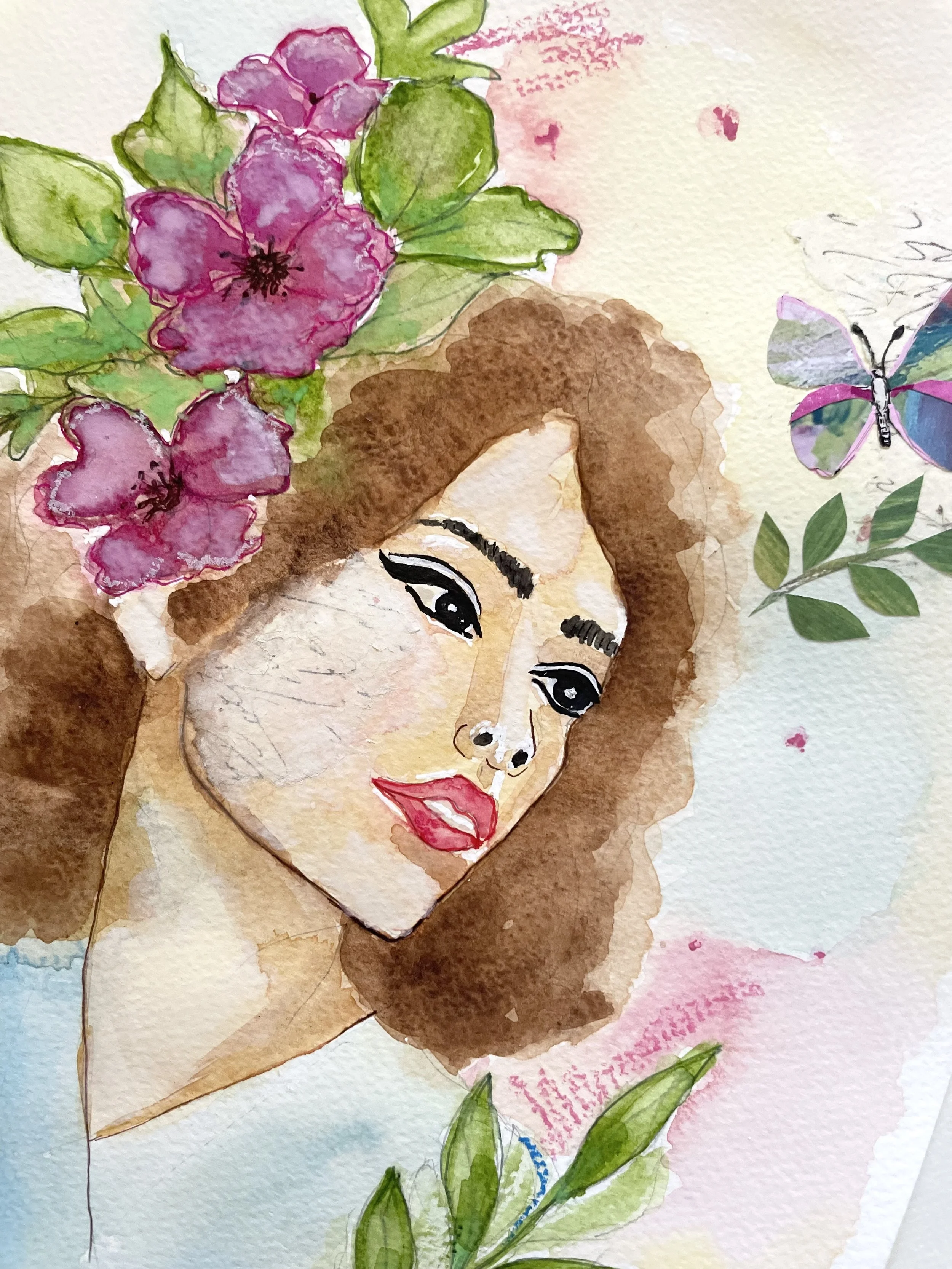 Close-up of pink watercolour flowers, green leaves and layered paper textures in Scars, an original mixed-media collage portrait.