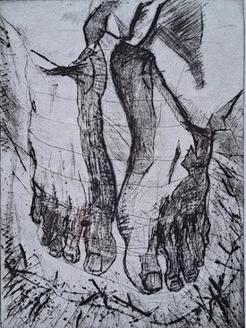 Self portrait of feet 1/3. intaglio copper plate print on rag paper, 12 x 14, 1994