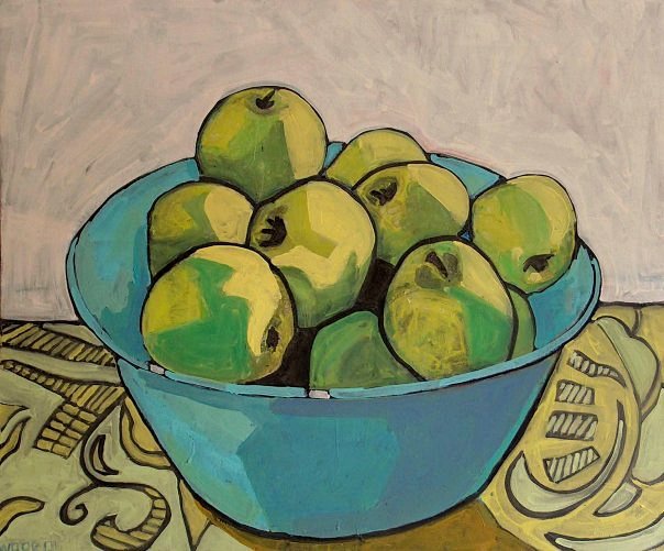 Green apples in blue bowl, Oil on Canvas, 48x36", 2002