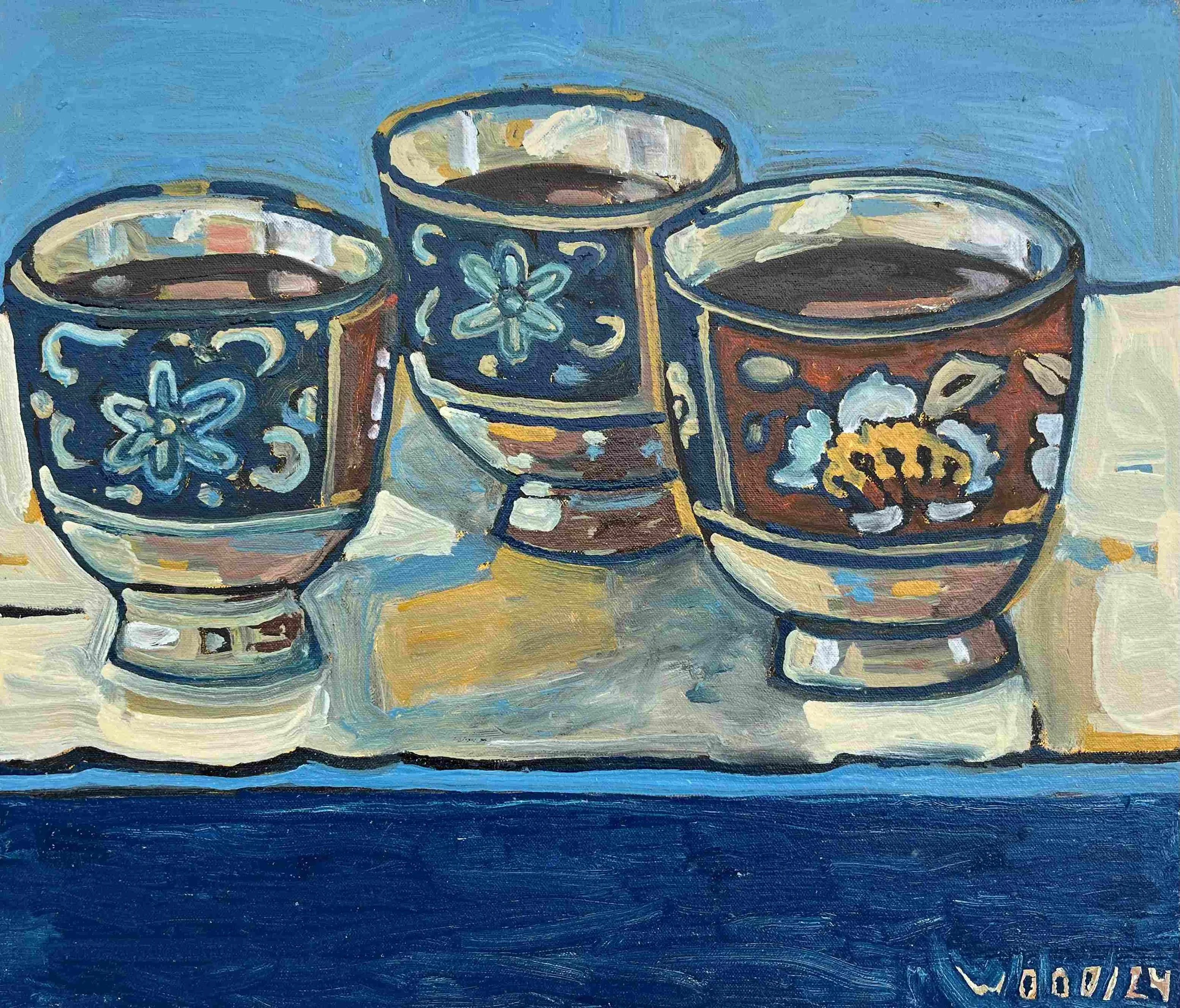Three cups, Oil on Canvas 18x16x2, 2024