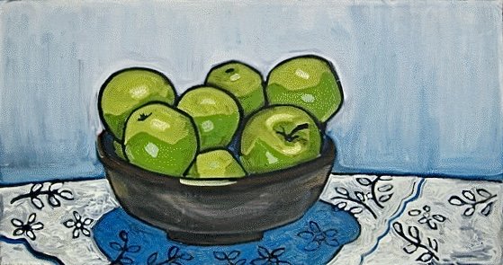 Green Apples in Brown Bowl, Oil on Canvas, 48x24", 2009