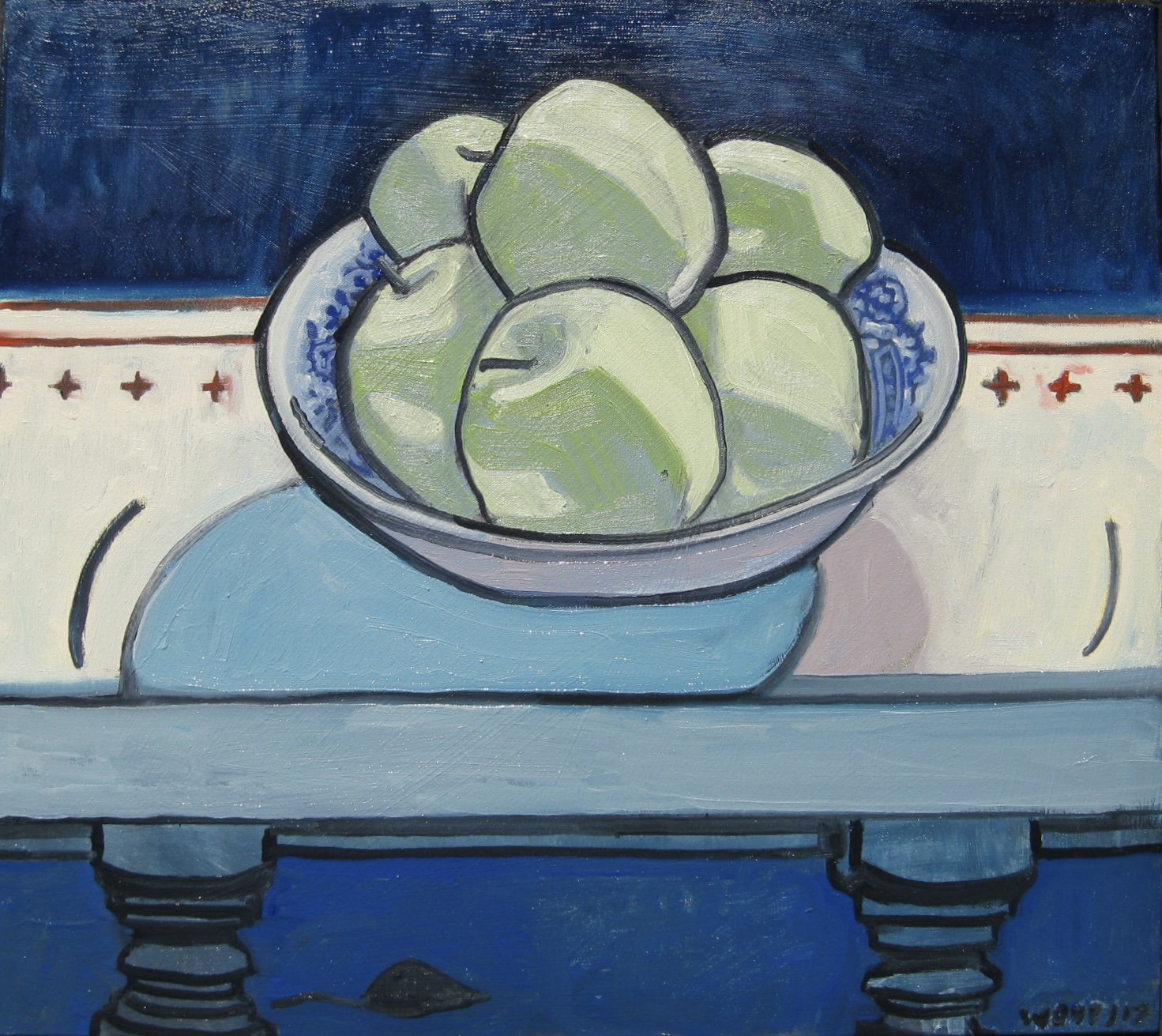 Green apples on flow blue bowl 2, Oil on Canvas, 20x18", 2010