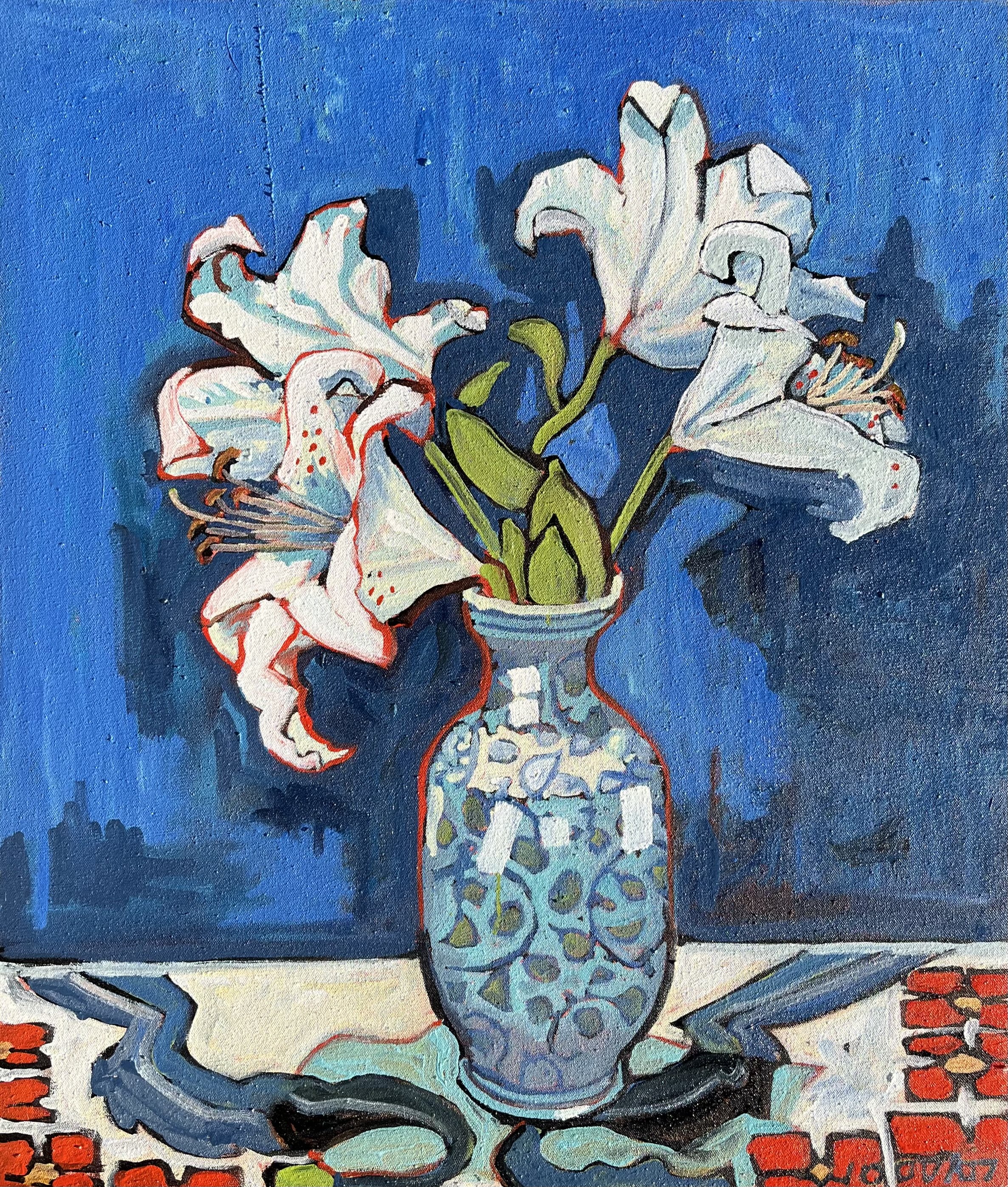 Lillies, Vase on Handmade Rug, Oil on Canvas, 18x24" 2009