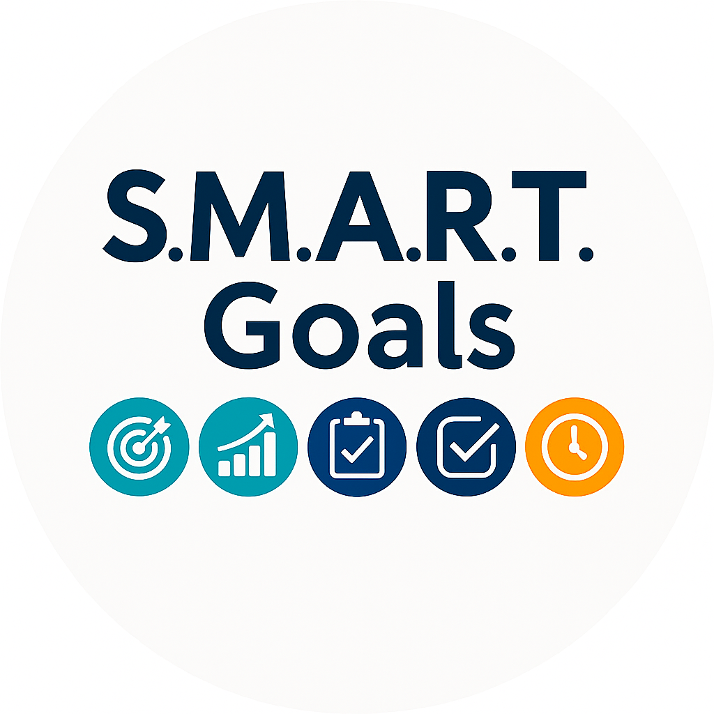 Graphic displaying SMART goals with icons for goals, performance, checklist, progress, and time.