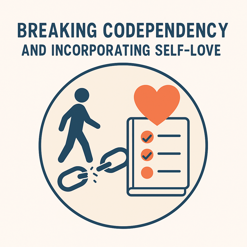 Illustration of a person breaking free from chains, with a heart and a checklist on a tablet or phone, symbolizing self-love and breaking codependency.