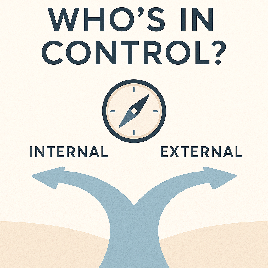 Illustration with the text "Who's in Control?" and a compass pointing to internal and external options, symbolizing decision-making or control sources.