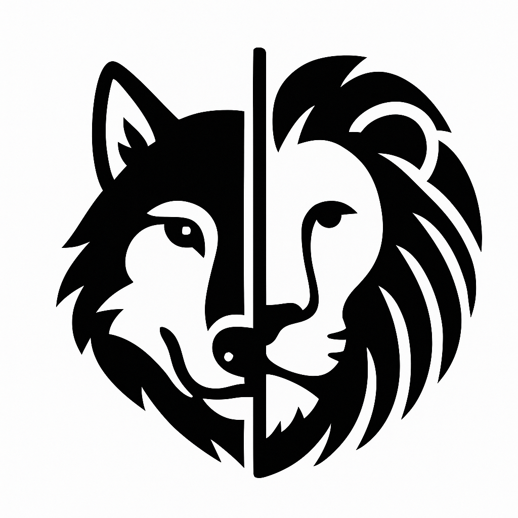 A black and white logo featuring a lion's face split into two halves, with one side representing a wolf and the other a lion.
