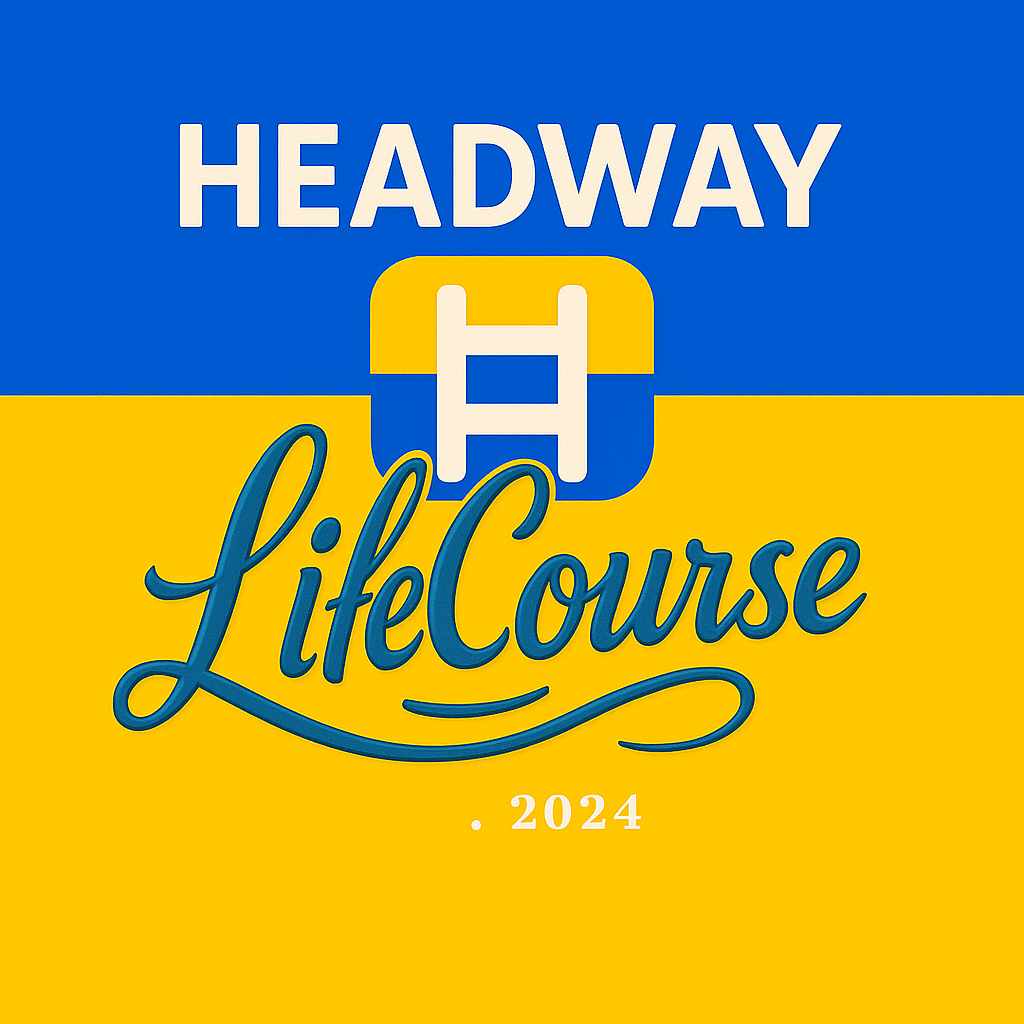 Colorful sign for the Headway Lifecourse 2024 conference, with blue and yellow background, featuring a ladder icon in the center.