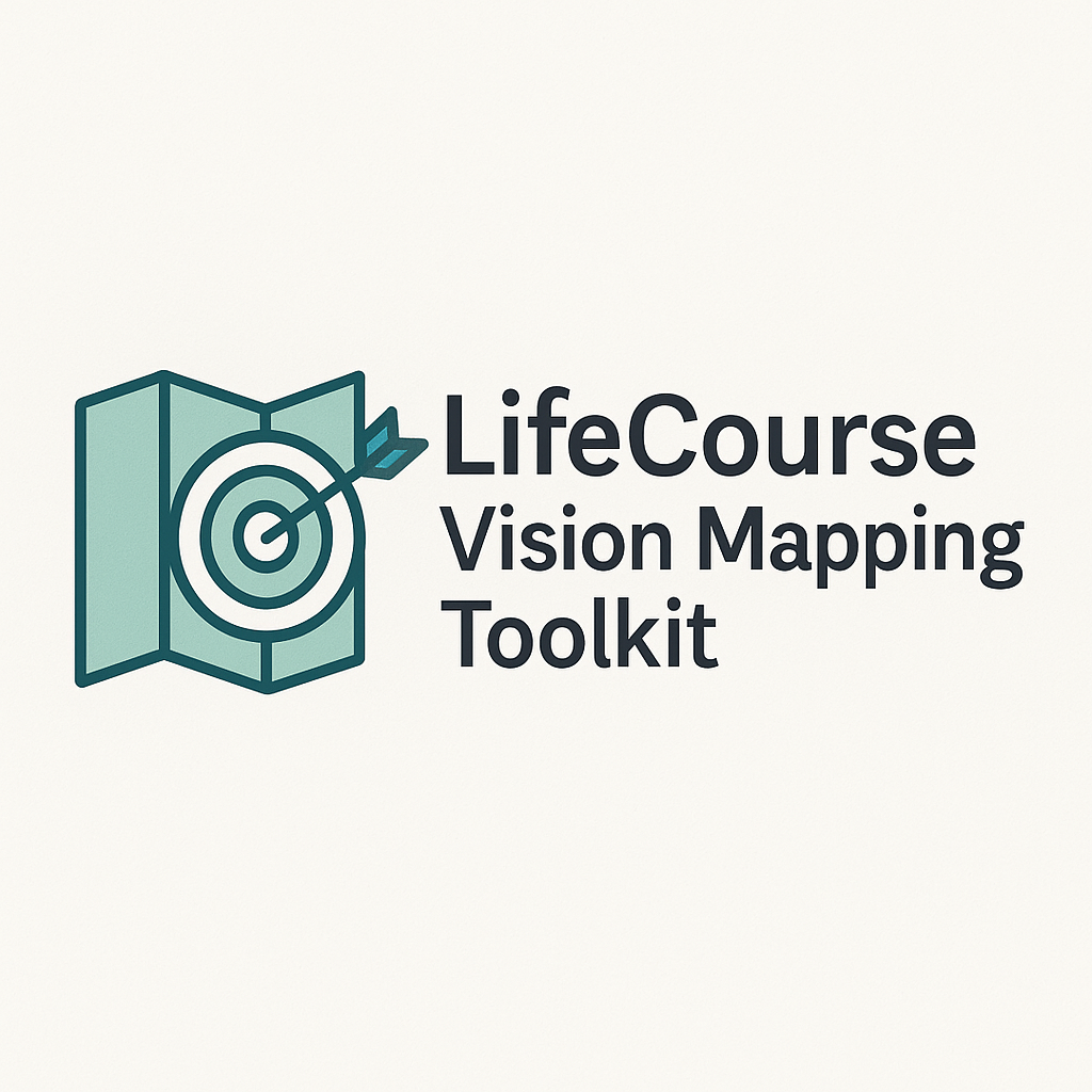 Logo for LifeCourse Vision Mapping Toolkit featuring an open map with a target and arrow.