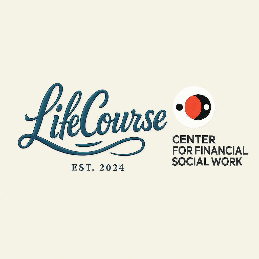 Logo for LiflCursE, established 2024, related to a Center for Financial Social Work with a circular emblem featuring black, red, and white colors.