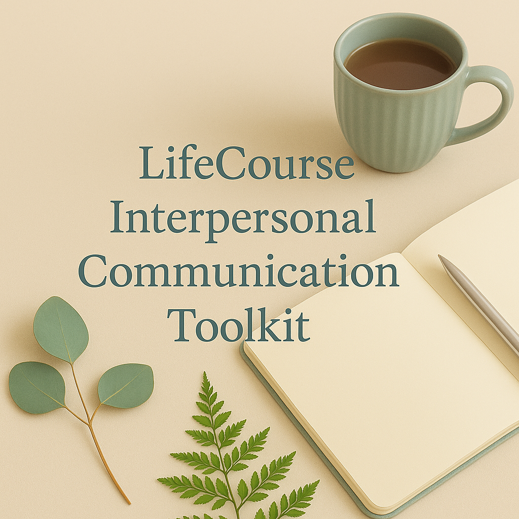 An open notebook with a silver pen, a green coffee mug filled with coffee, and two green leaves on a light beige background. The text on the image reads 'LifeCourse Interpersonal Communication Toolkit.'