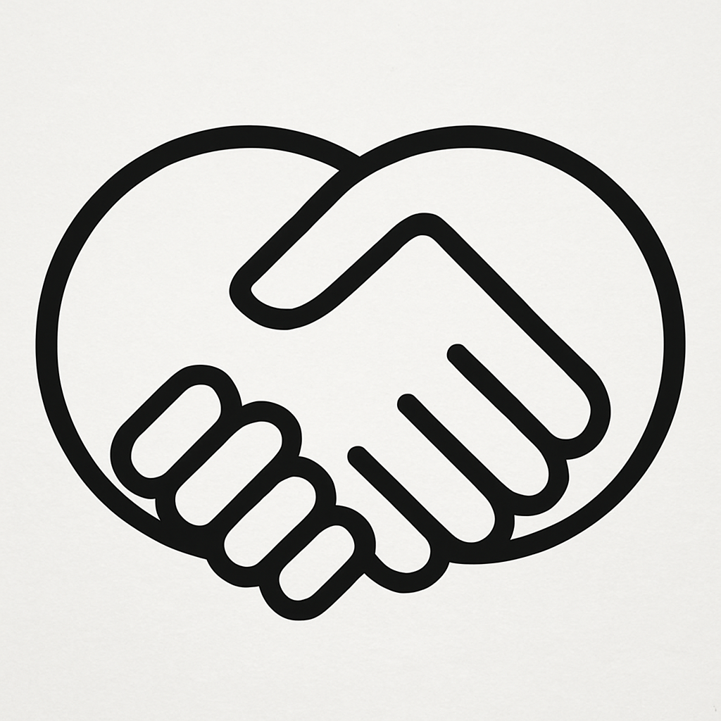 Black outline of two hands shaking, enclosed in a heart shape.